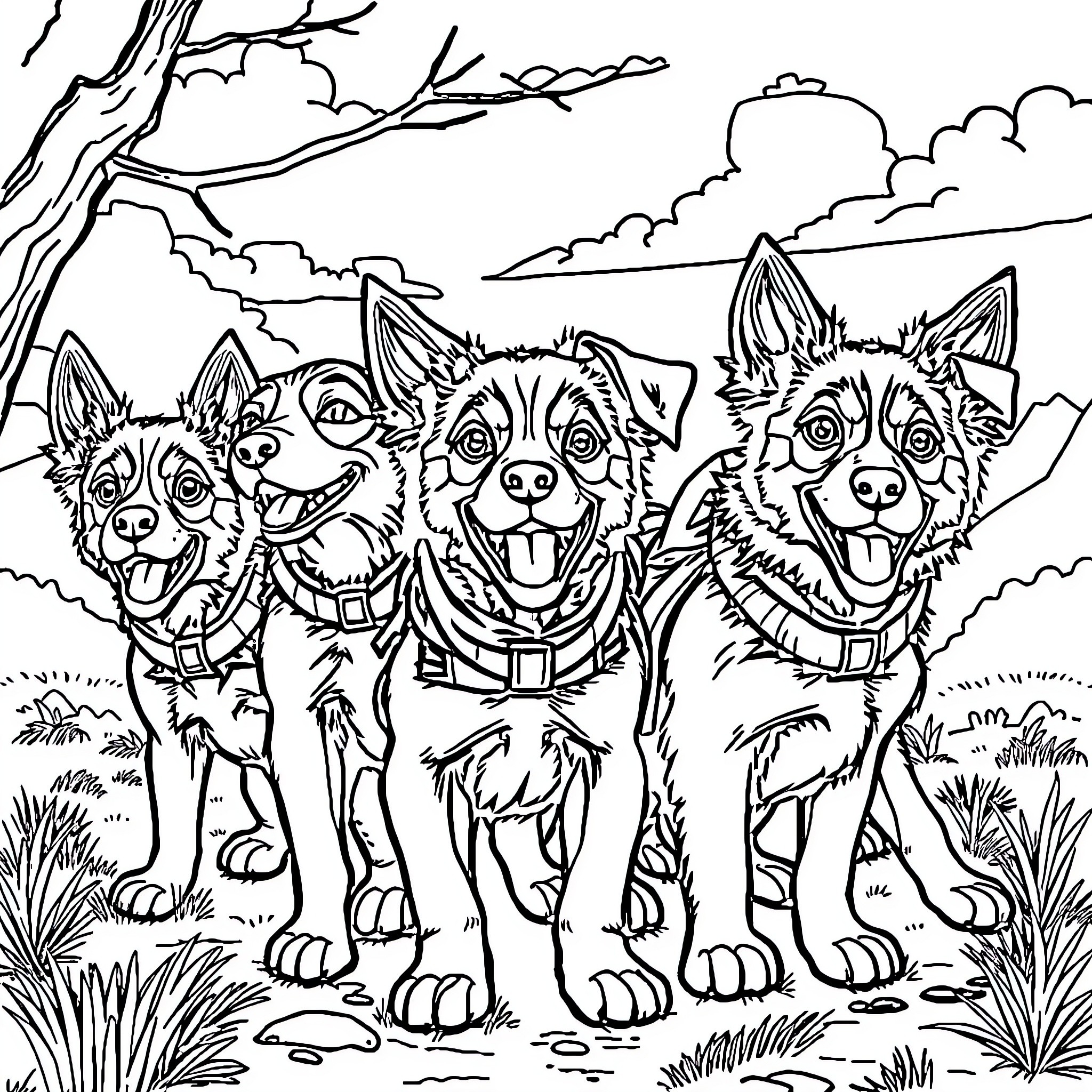 Paw Patrol on an outdoor adventure Coloring Page (free black-and-white line drawing printable PDF for all, from beginners to advanced learners, including children, teens, adults, and seniors)