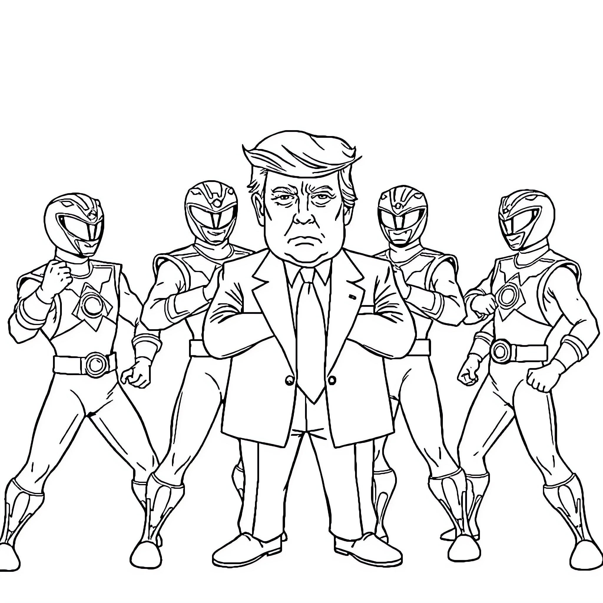 Power Rangers stand with a serious businessman Coloring Page (free black-and-white line drawing printable PDF for all, from beginners to advanced learners, including children, teens, adults, and seniors)