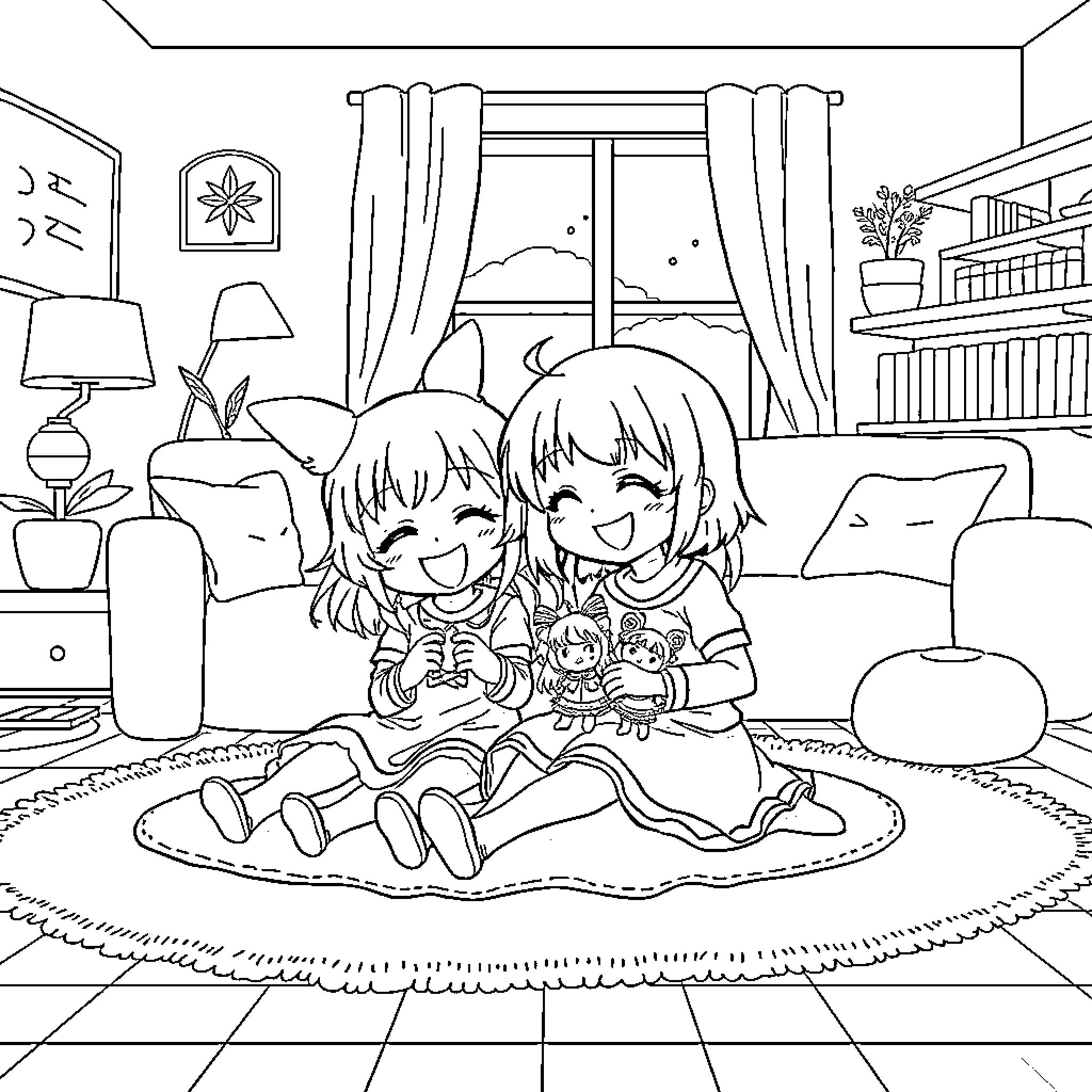 Kuromi playing video games with friend in cozy living room Coloring Page (free black-and-white line drawing printable PDF for all, from beginners to advanced learners, including children, teens, adults, and seniors)