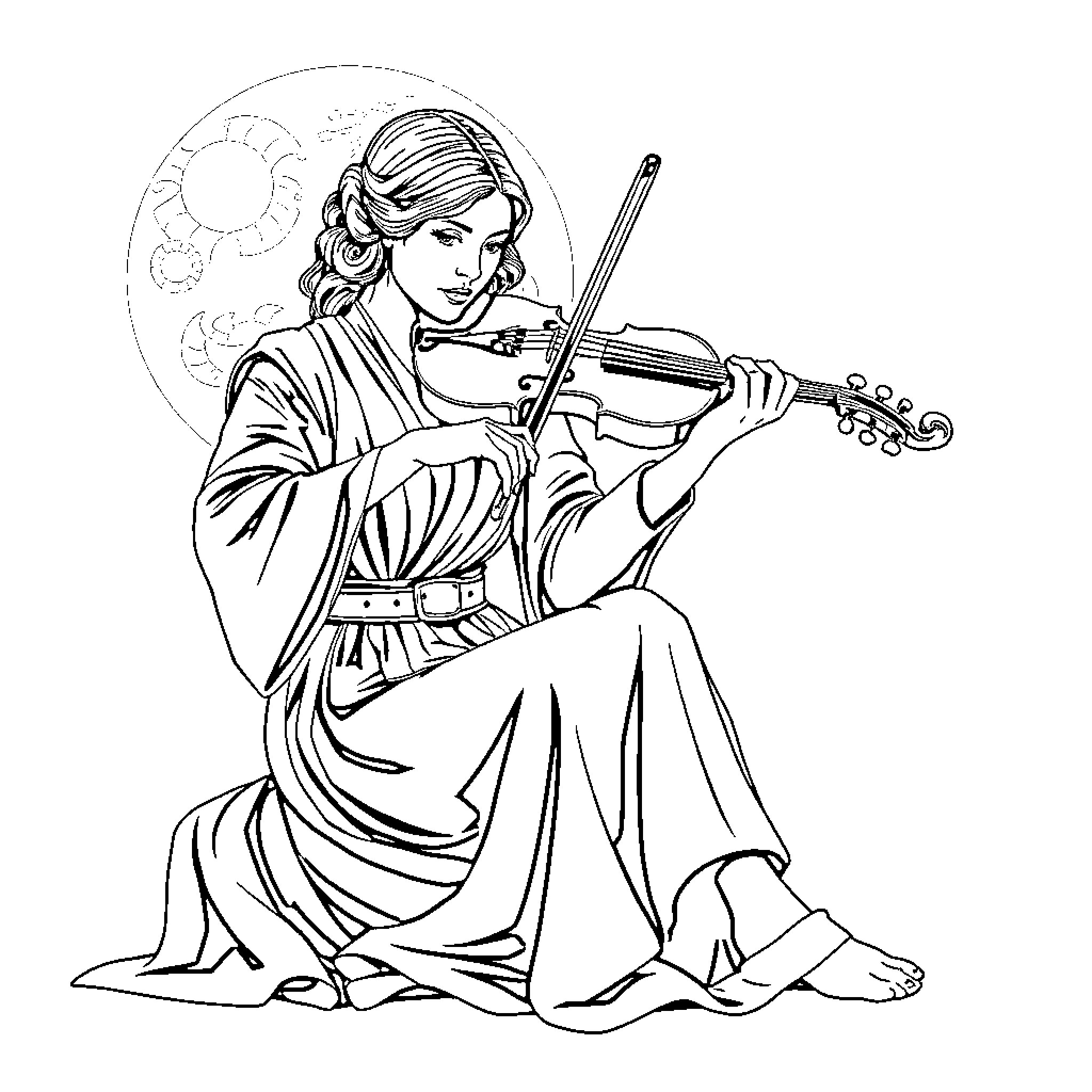 Princess playing the violin under the night sky Coloring Page (free black-and-white line drawing printable PDF for all, from beginners to advanced learners, including children, teens, adults, and seniors)