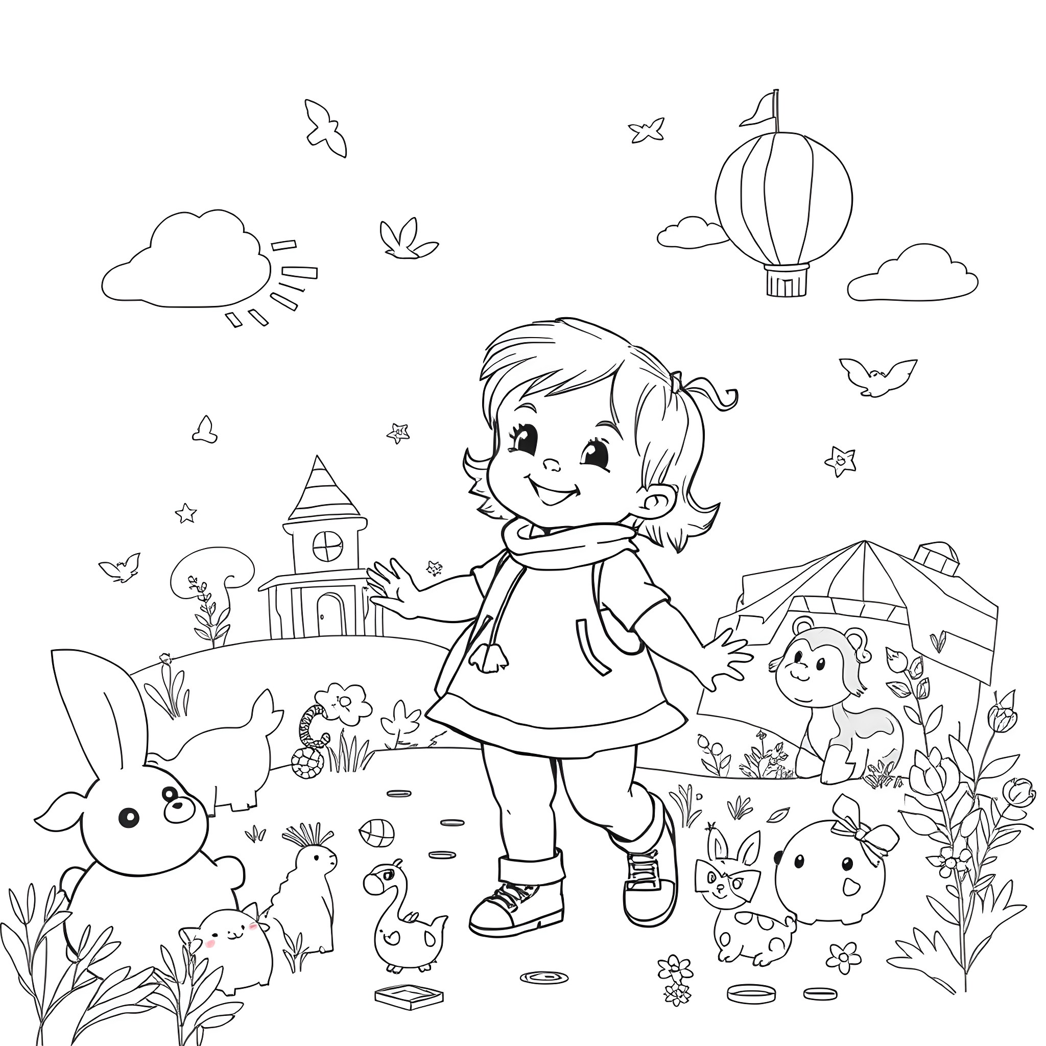 Toddler exploring a whimsical fantasy world Coloring Page (free black-and-white line drawing printable PDF for all, from beginners to advanced learners, including children, teens, adults, and seniors)