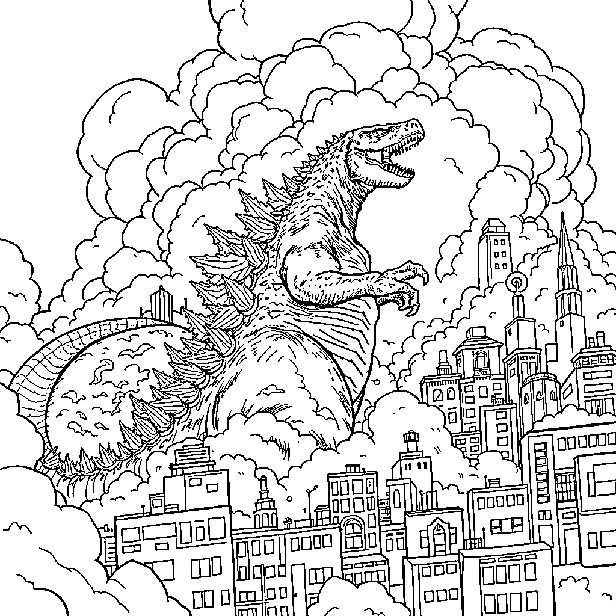 Godzilla rampaging through a cityscape Coloring Page (free black-and-white line drawing printable PDF for all, from beginners to advanced learners, including children, teens, adults, and seniors)