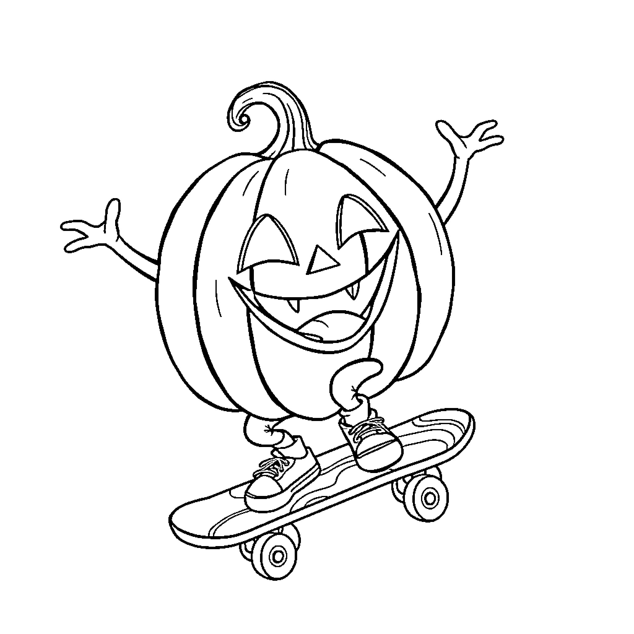 Pumpkin skateboarding with joy Coloring Page (free black-and-white line drawing printable PDF for all, from beginners to advanced learners, including children, teens, adults, and seniors)