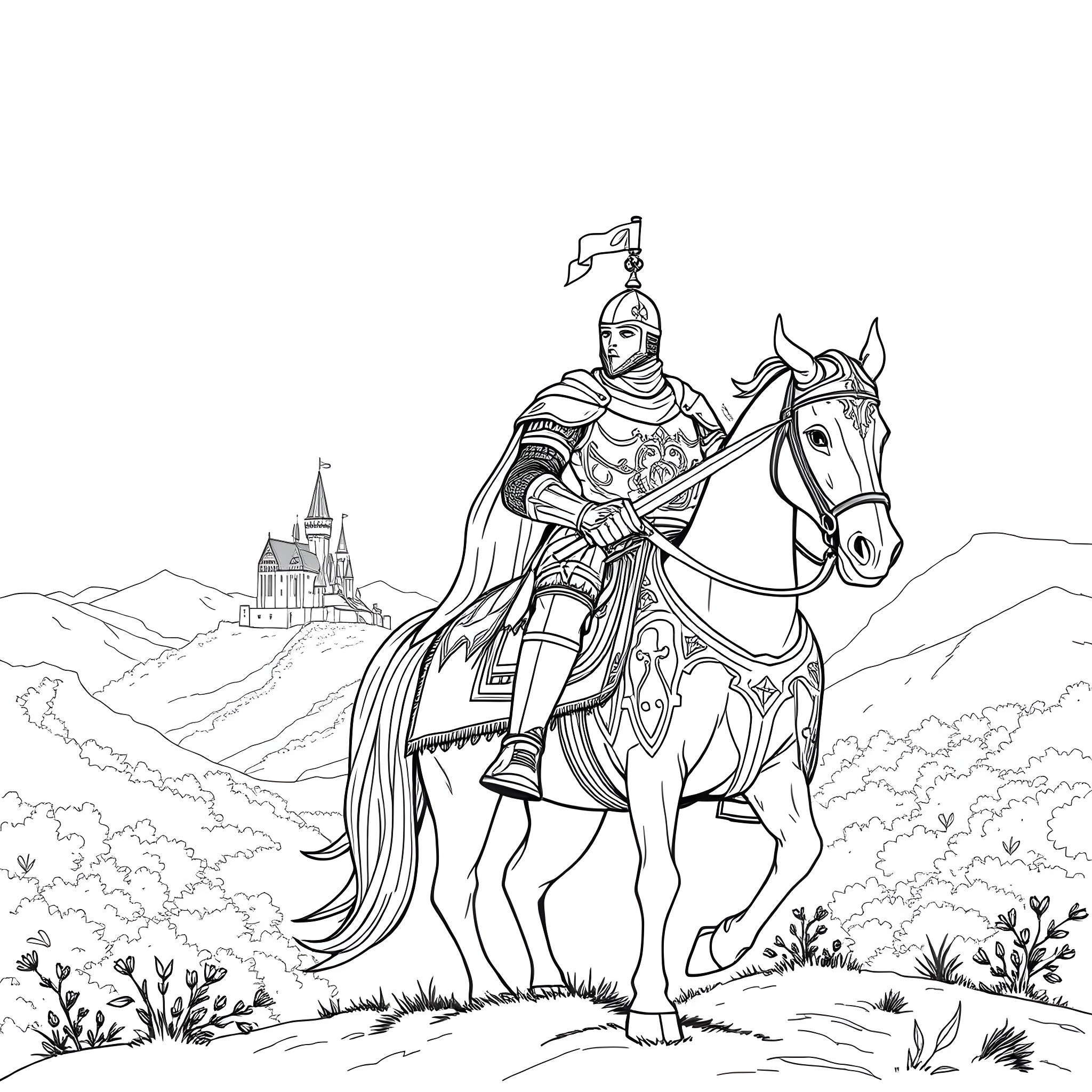 Knight on Horseback Riding Towards Distant Castle Coloring Page (free black-and-white line drawing printable PDF for all, from beginners to advanced learners, including children, teens, adults, and seniors)