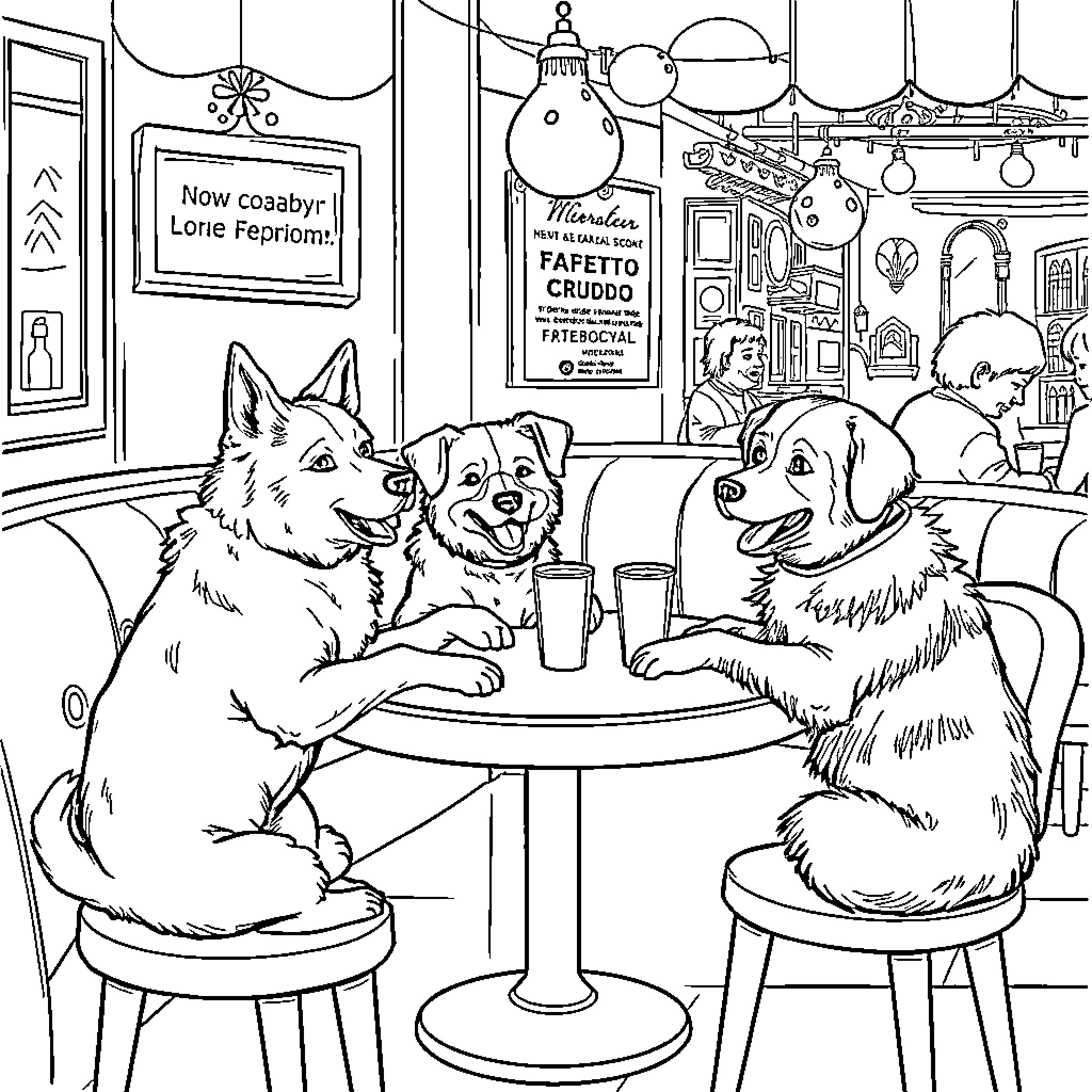 Dogs having a coffee break in a cafe Coloring Page (free black-and-white line drawing printable PDF for all, from beginners to advanced learners, including children, teens, adults, and seniors)