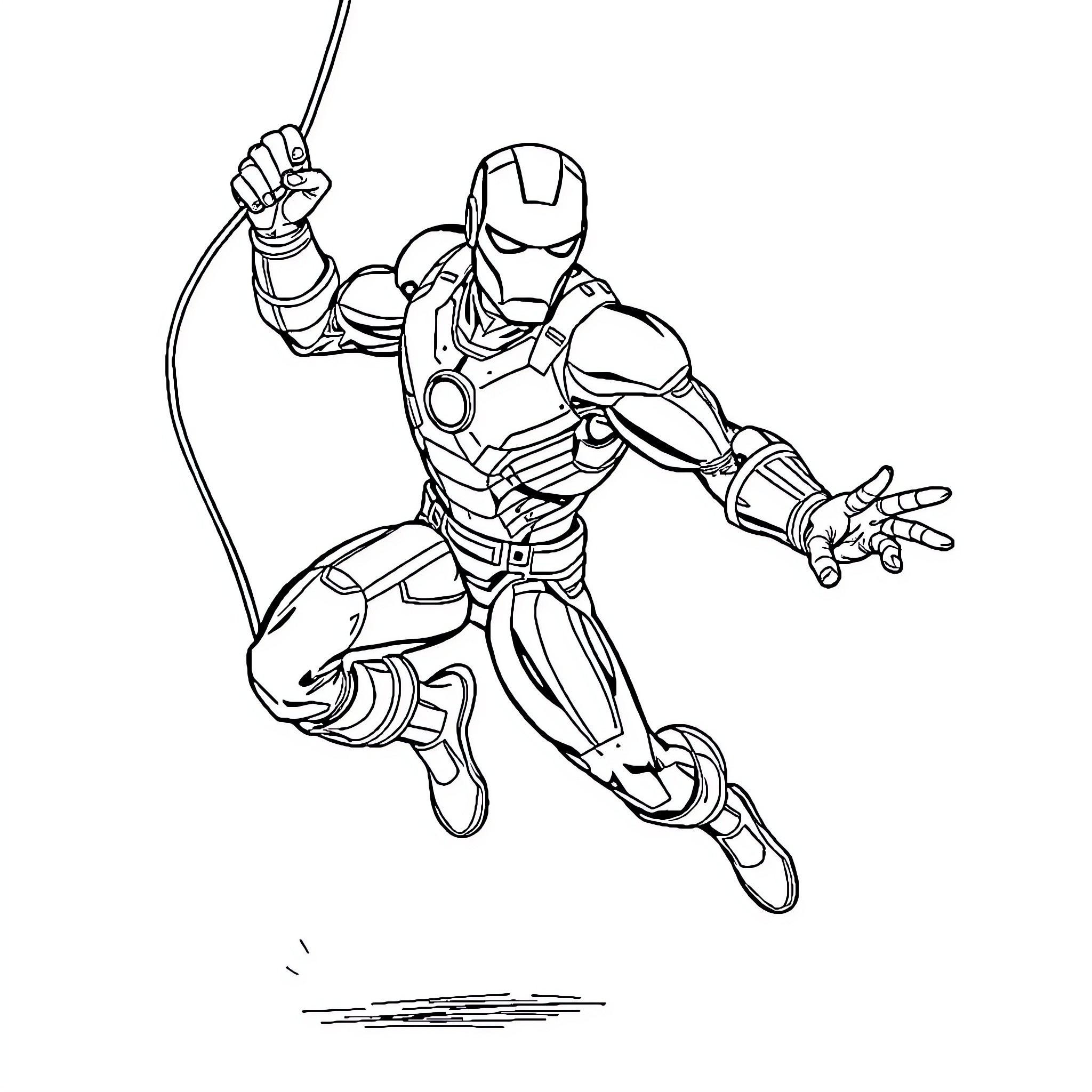 Ironman leaping into action with high-tech suit Coloring Page (free black-and-white line drawing printable PDF for all, from beginners to advanced learners, including children, teens, adults, and seniors)