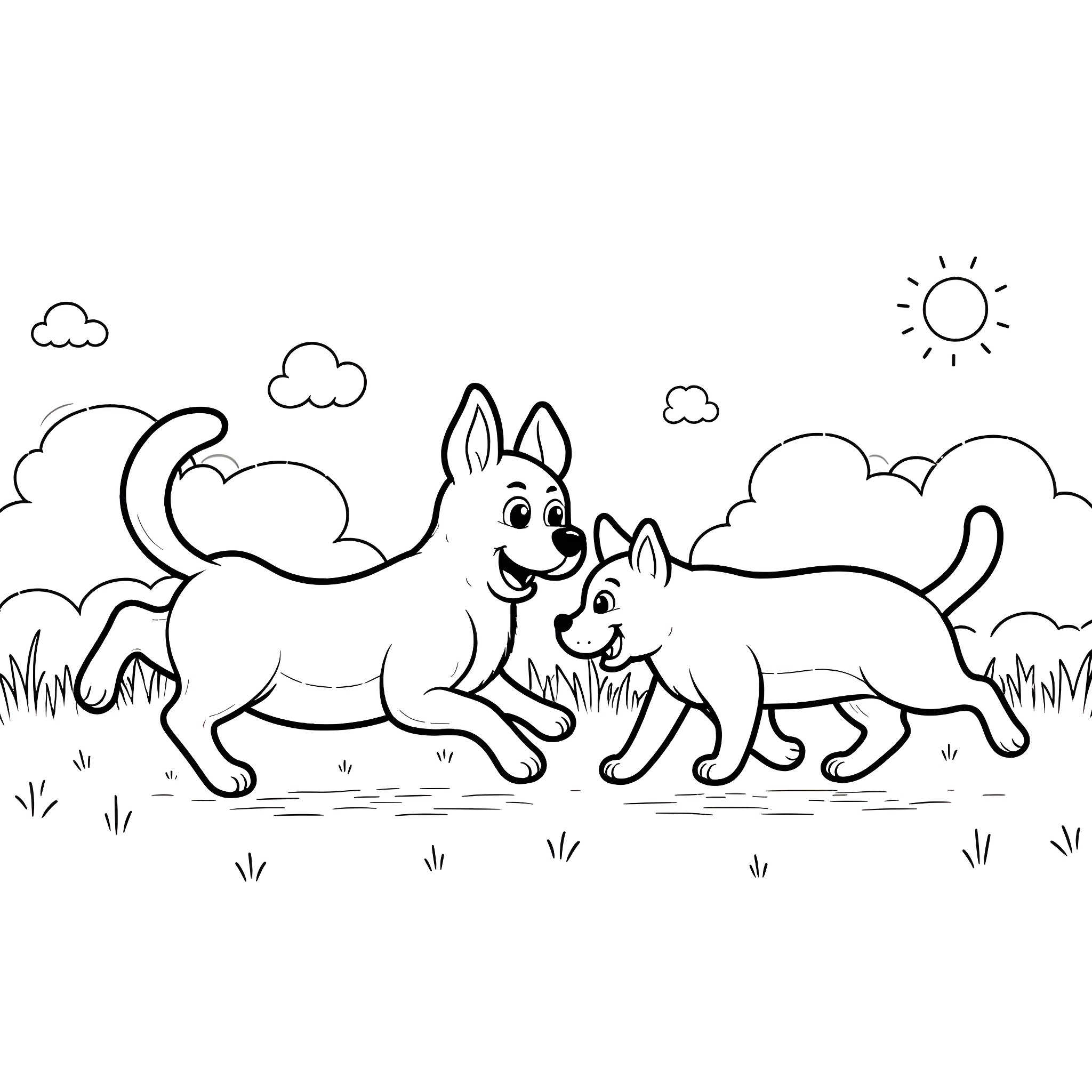 Cats playing together in a field Coloring Page (free black-and-white line drawing printable PDF for all, from beginners to advanced learners, including children, teens, adults, and seniors)