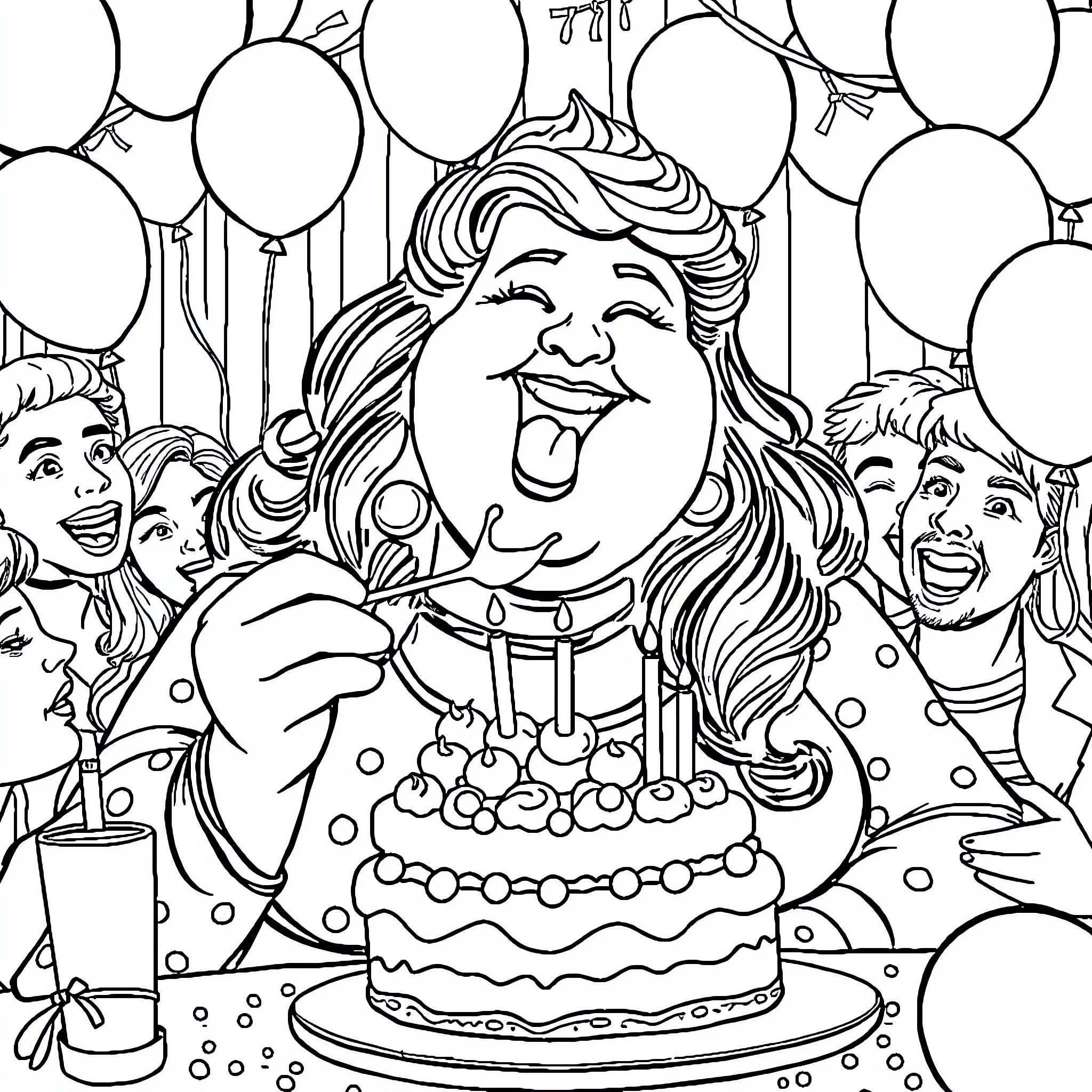 Lady enjoys her birthday party with friends Coloring Page (free black-and-white line drawing printable PDF for all, from beginners to advanced learners, including children, teens, adults, and seniors)