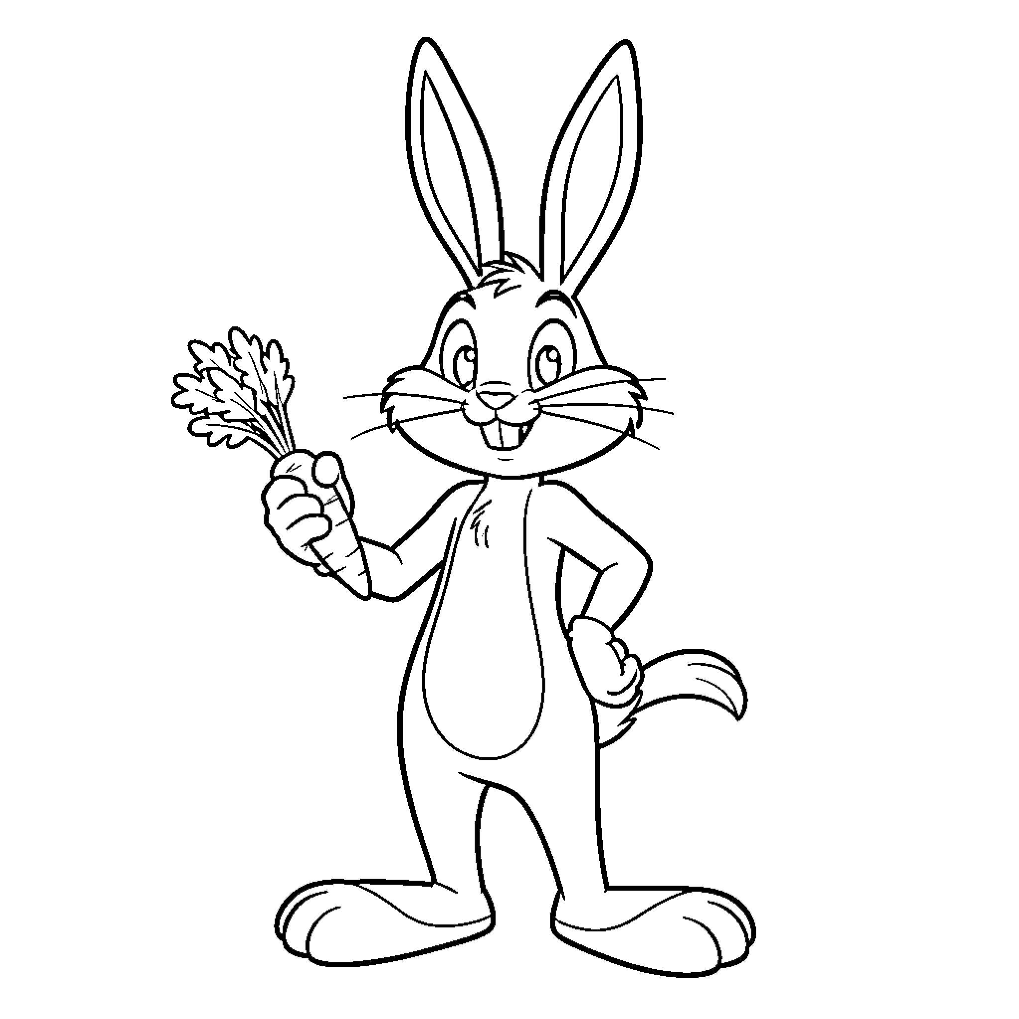 Bugs Bunny holding a carrot and smiling Coloring Page (free black-and-white line drawing printable PDF for all, from beginners to advanced learners, including children, teens, adults, and seniors)
