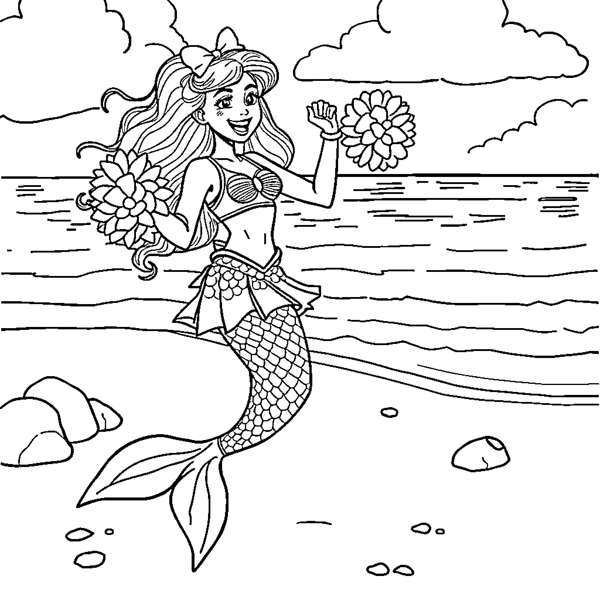 Mermaid swimming joyfully near the shore Coloring Page (free black-and-white line drawing printable PDF for all, from beginners to advanced learners, including children, teens, adults, and seniors)