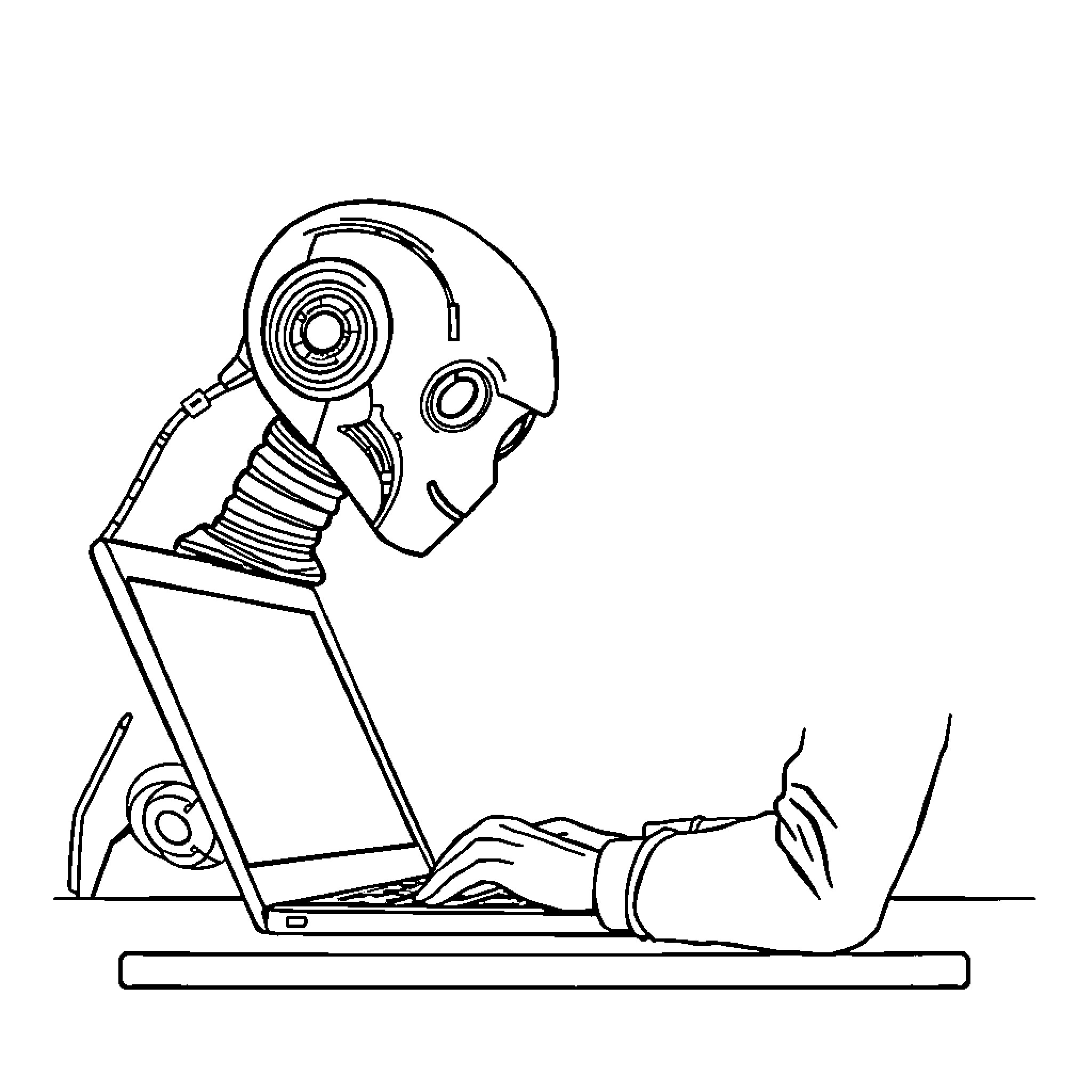 AI Robot Assisting Human at Laptop Coloring Page (free black-and-white line drawing printable PDF for all, from beginners to advanced learners, including children, teens, adults, and seniors)