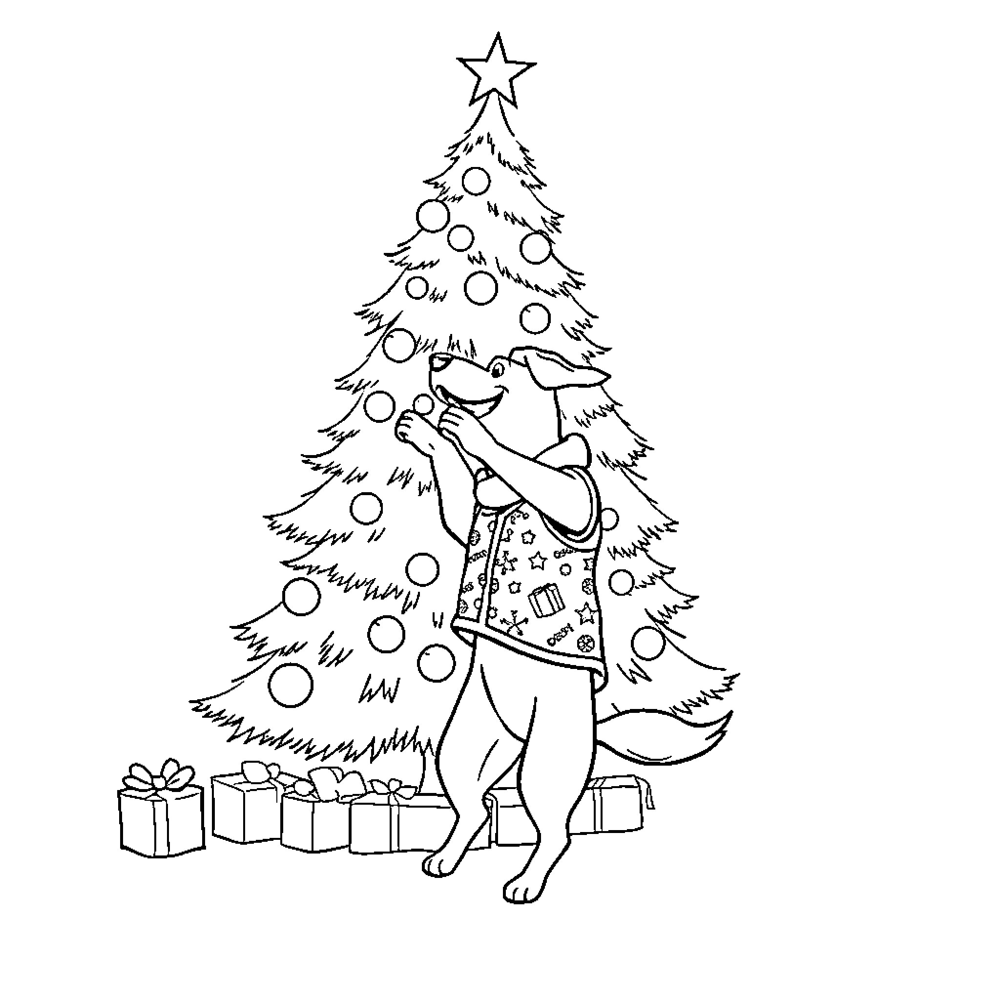 Tree decorated by person in festive outfit Coloring Page (free black-and-white line drawing printable PDF for all, from beginners to advanced learners, including children, teens, adults, and seniors)