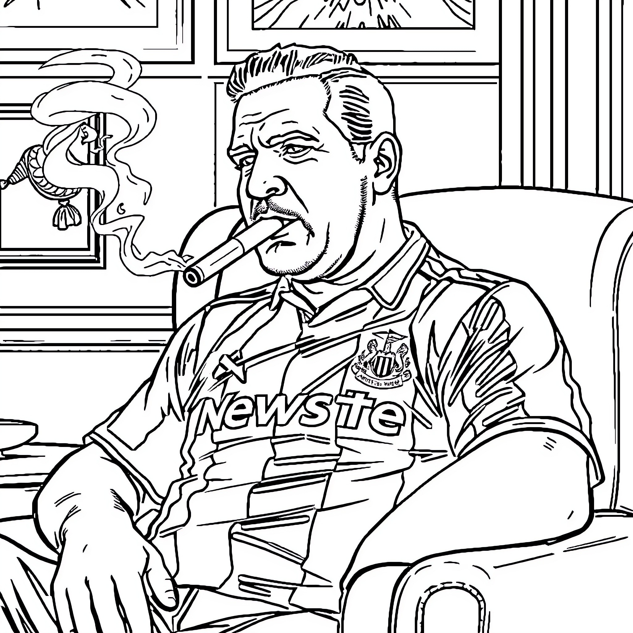 Tony Soprano smoking a cigar in his office Coloring Page (free black-and-white line drawing printable PDF for all, from beginners to advanced learners, including children, teens, adults, and seniors)