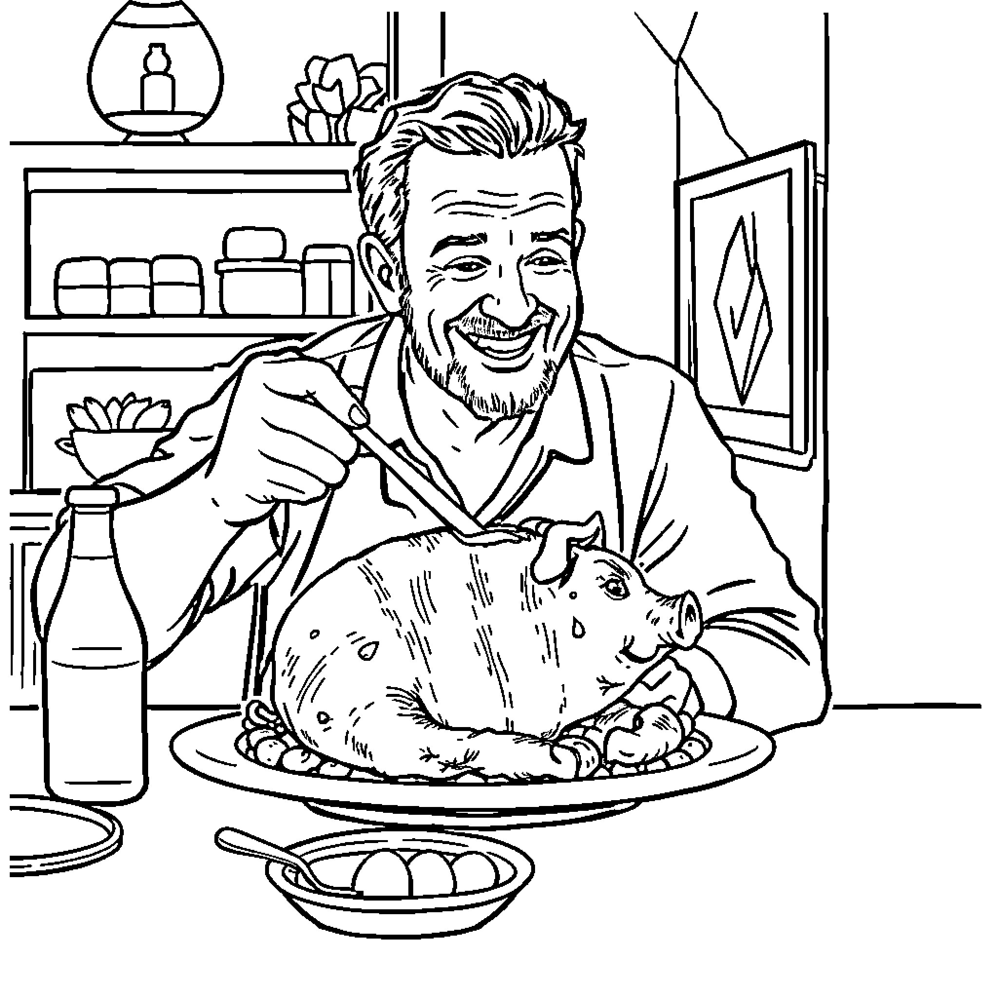 César Mourão preparing a delicious meal in his kitchen Coloring Page (free black-and-white line drawing printable PDF for all, from beginners to advanced learners, including children, teens, adults, and seniors)