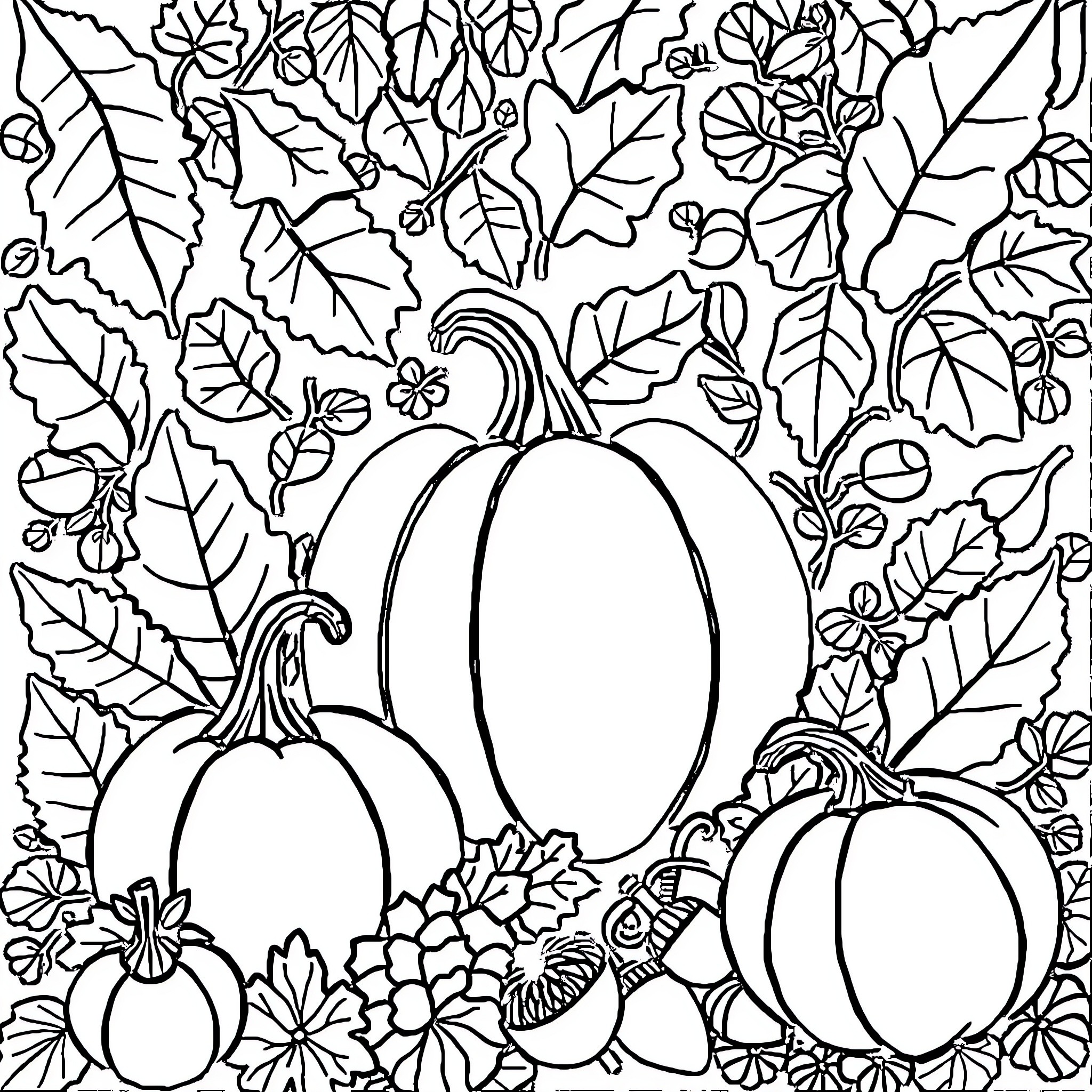 Fall Themed Pumpkins and Foliage Coloring Page (free black-and-white line drawing printable PDF for all, from beginners to advanced learners, including children, teens, adults, and seniors)
