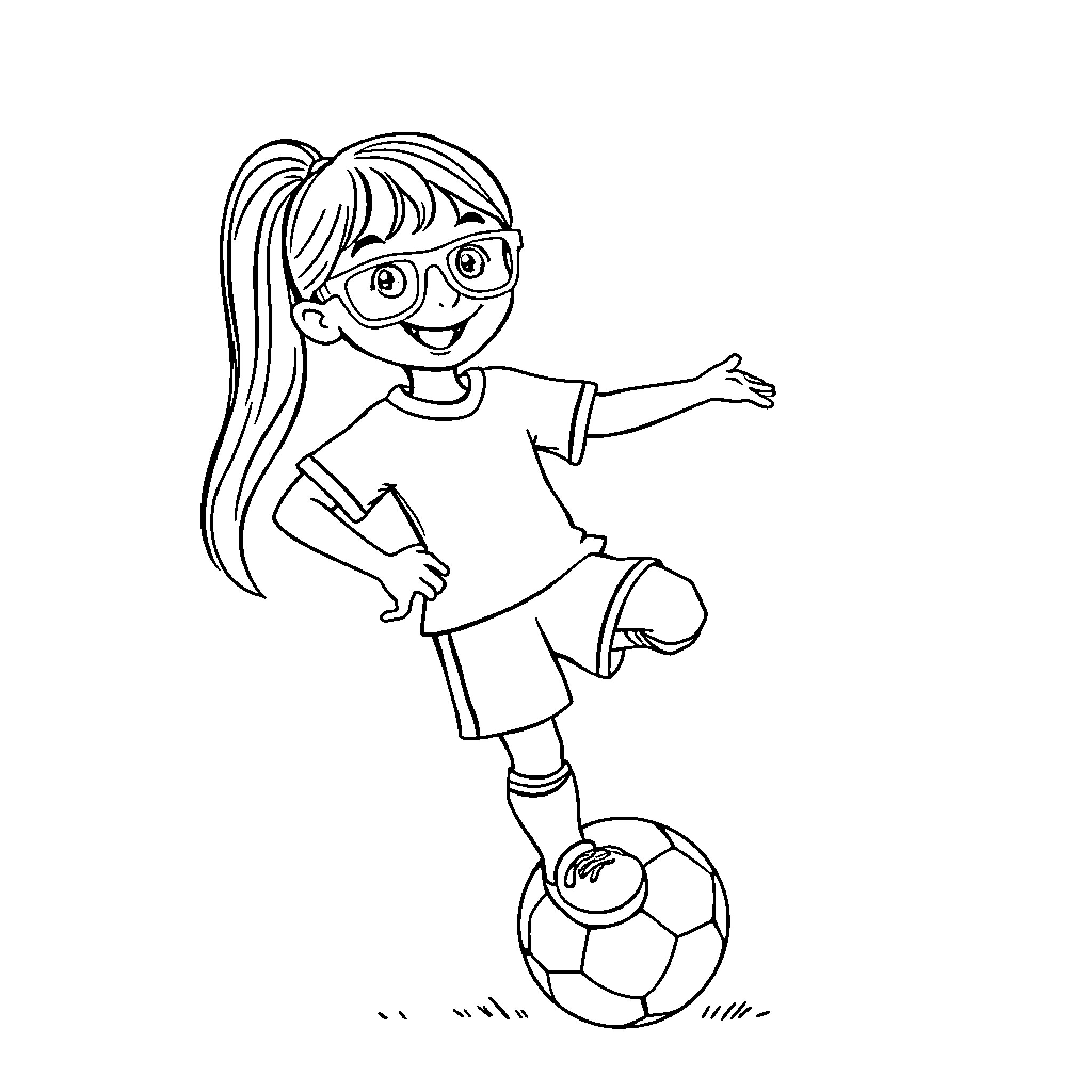 Girl playing with soccer ball Coloring Page (free black-and-white line drawing printable PDF for all, from beginners to advanced learners, including children, teens, adults, and seniors)