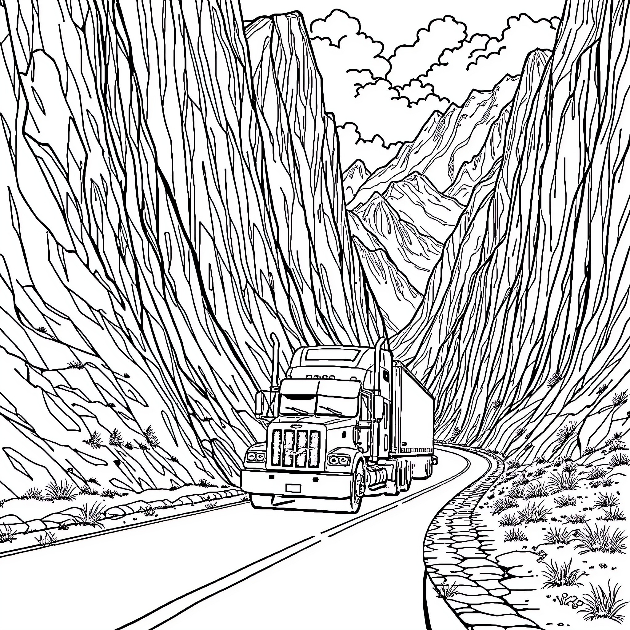 Semi-truck navigating winding mountain road Coloring Page (free black-and-white line drawing printable PDF for all, from beginners to advanced learners, including children, teens, adults, and seniors)
