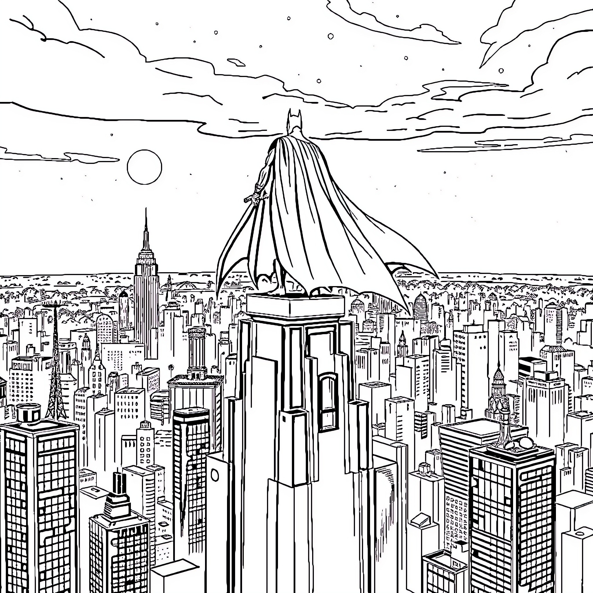 Batman overlooking the city skyline at night Coloring Page (free black-and-white line drawing printable PDF for all, from beginners to advanced learners, including children, teens, adults, and seniors)