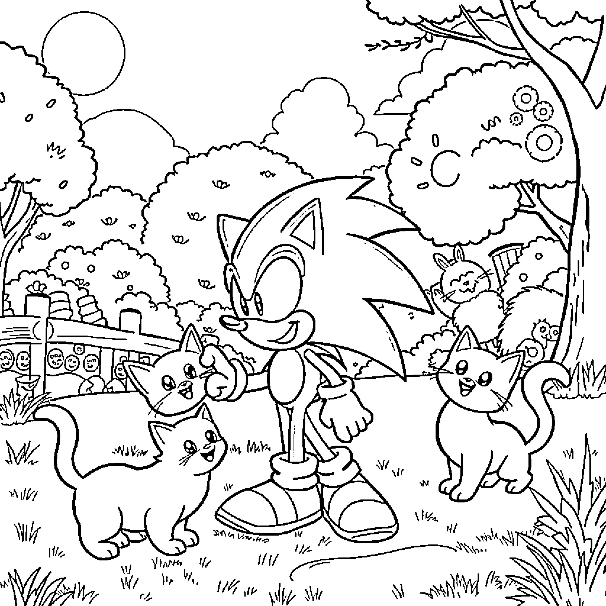 Sonic exploring the enchanted forest with animal friends Coloring Page (free black-and-white line drawing printable PDF for all, from beginners to advanced learners, including children, teens, adults, and seniors)