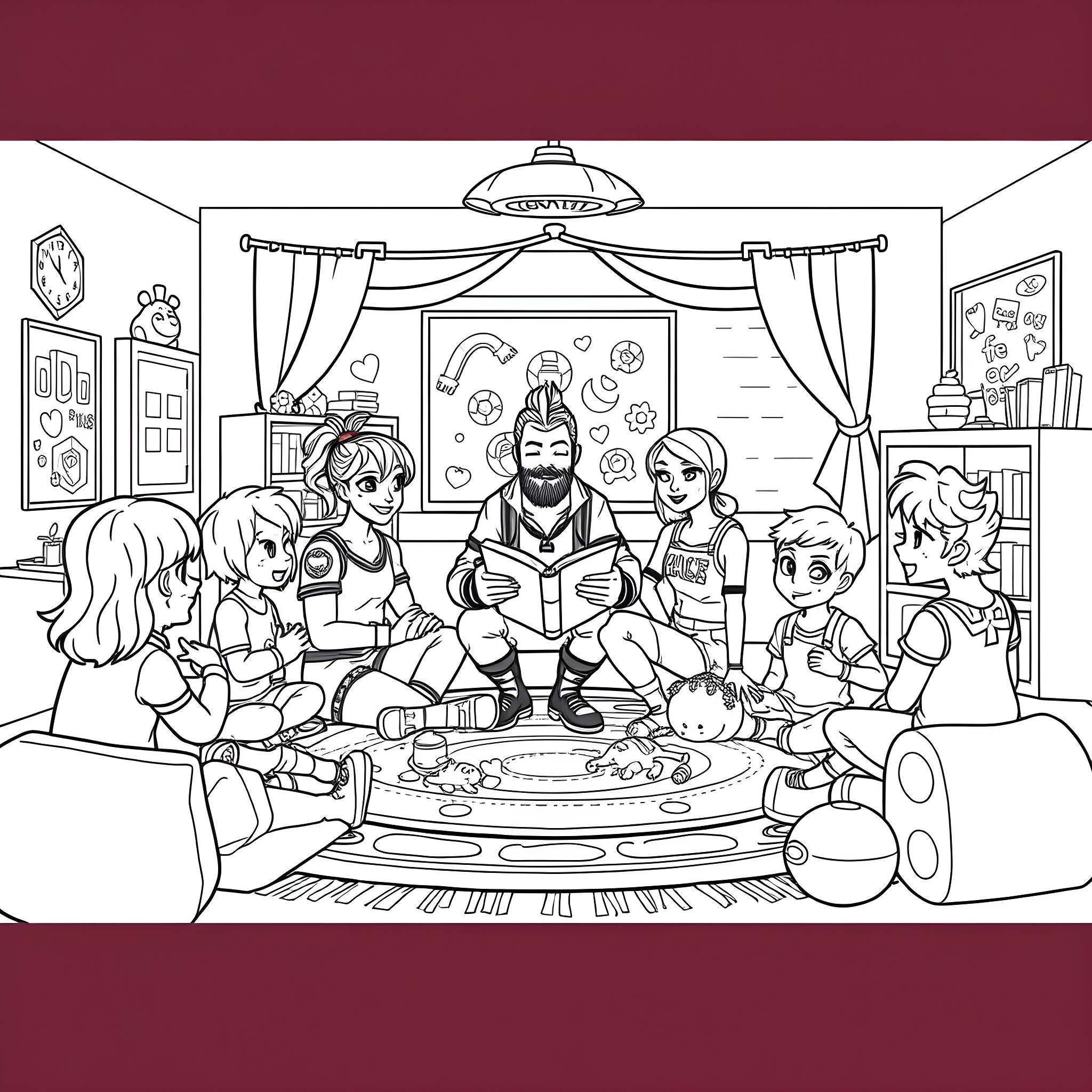 Fortnite Character Family Gathering Coloring Page (free black-and-white line drawing printable PDF for all, from beginners to advanced learners, including children, teens, adults, and seniors)