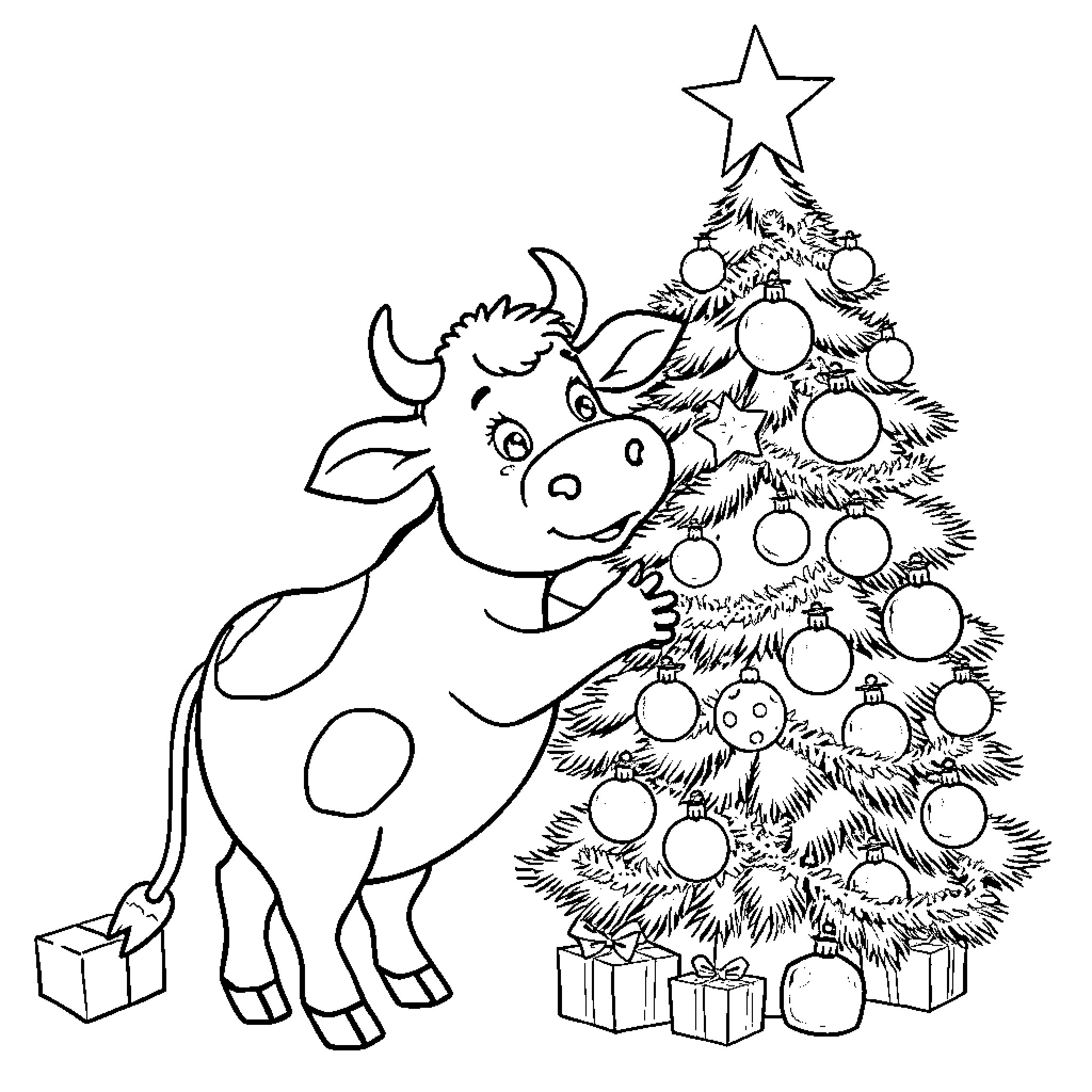 Cow decorating Christmas tree with gifts Coloring Page (free black-and-white line drawing printable PDF for all, from beginners to advanced learners, including children, teens, adults, and seniors)