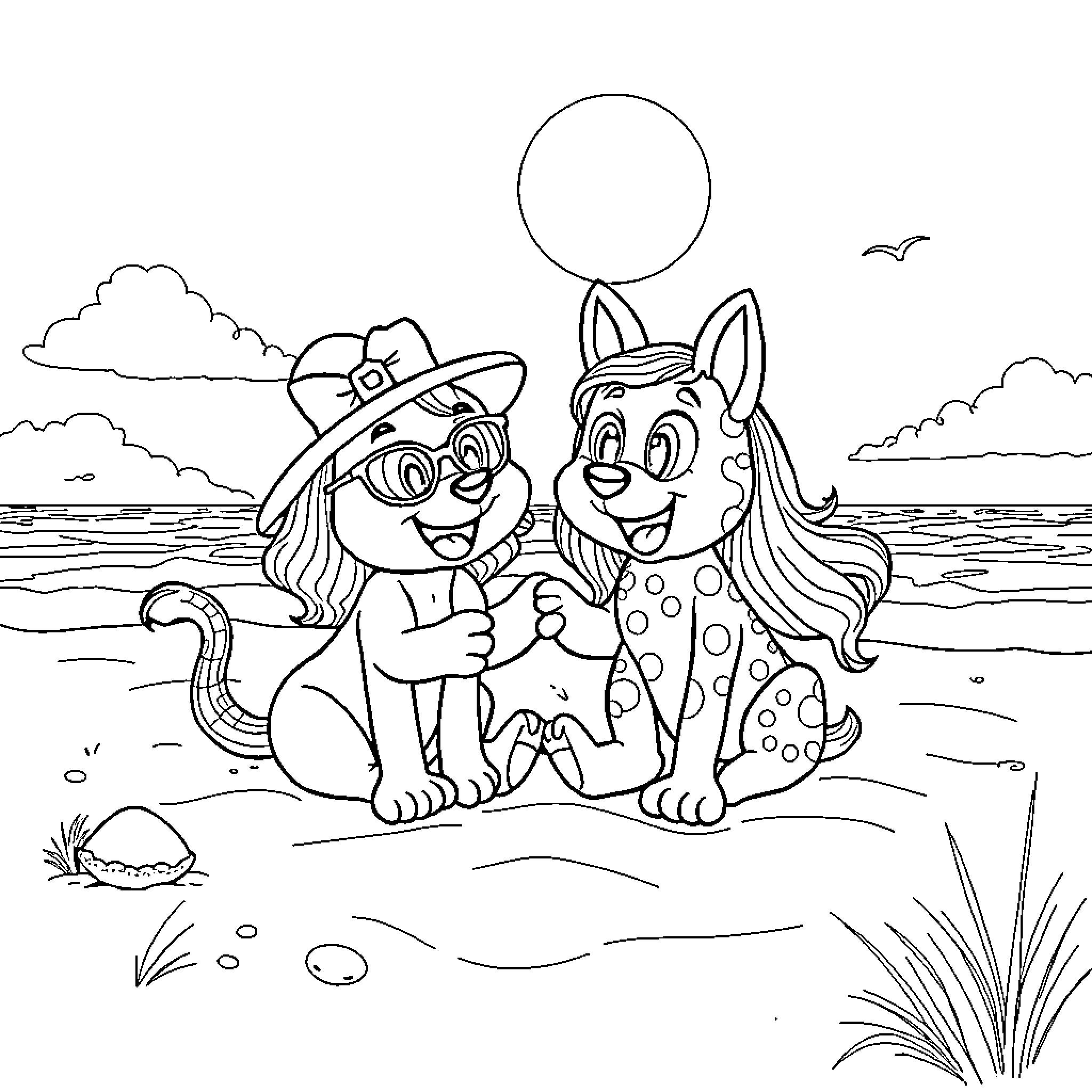 Bluy Cats Enjoying Beach Day Together Coloring Page (free black-and-white line drawing printable PDF for all, from beginners to advanced learners, including children, teens, adults, and seniors)
