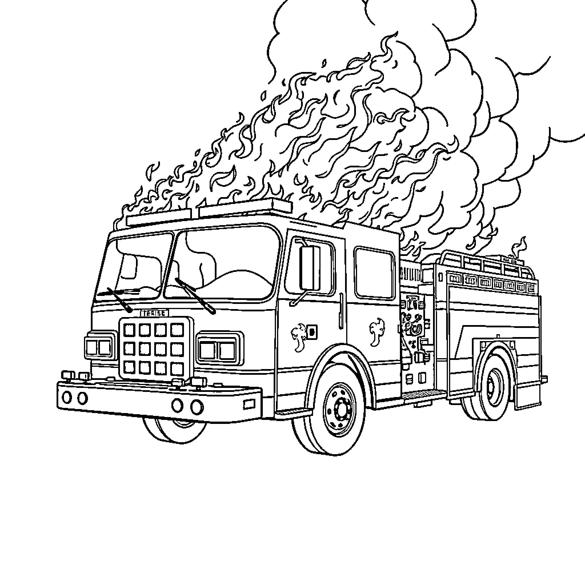 Fire Truck with Flames and Smoke Coloring Page (free black-and-white line drawing printable PDF for all, from beginners to advanced learners, including children, teens, adults, and seniors)