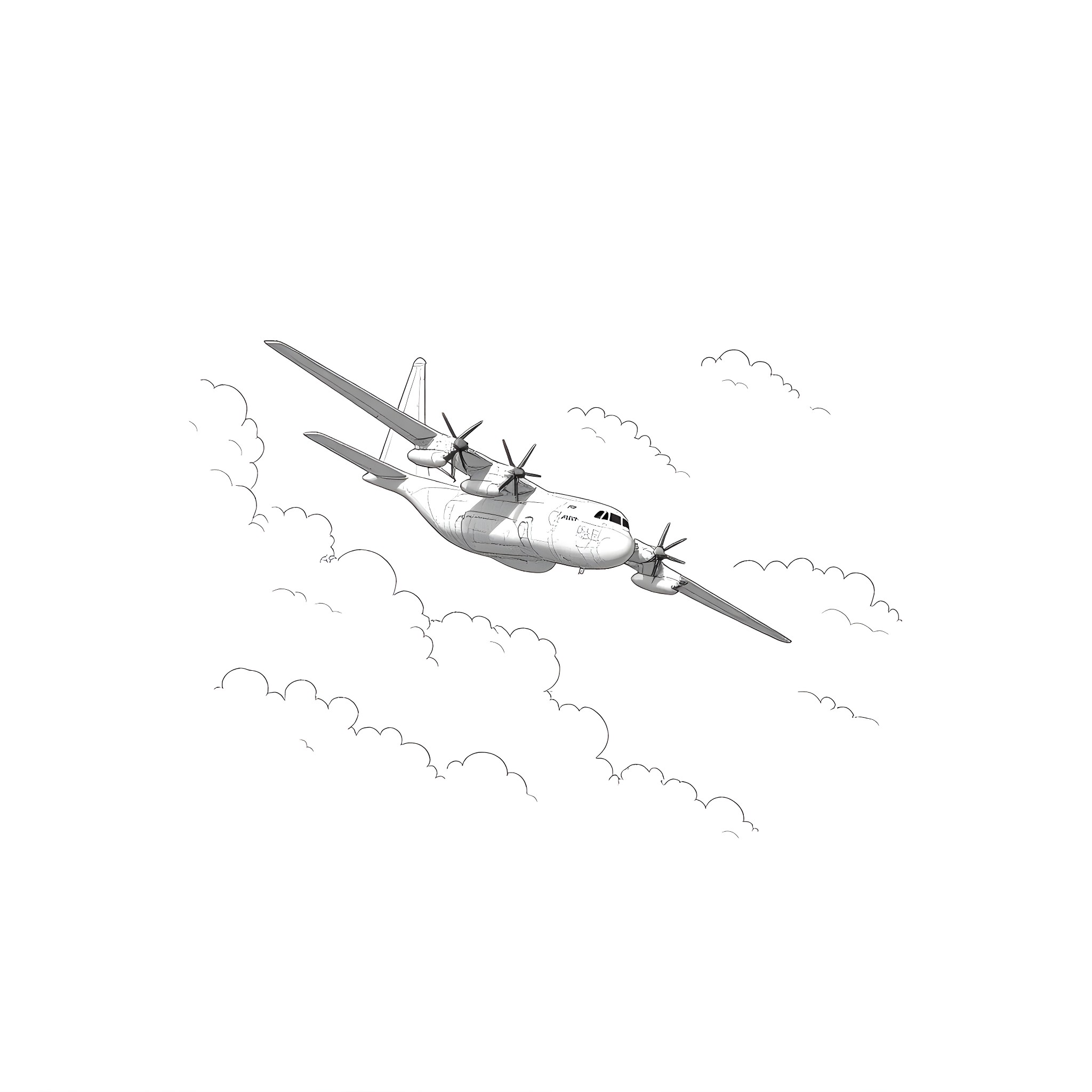 C-130 Hercules aircraft soaring through cloudy skies Coloring Page (free black-and-white line drawing printable PDF for all, from beginners to advanced learners, including children, teens, adults, and seniors)