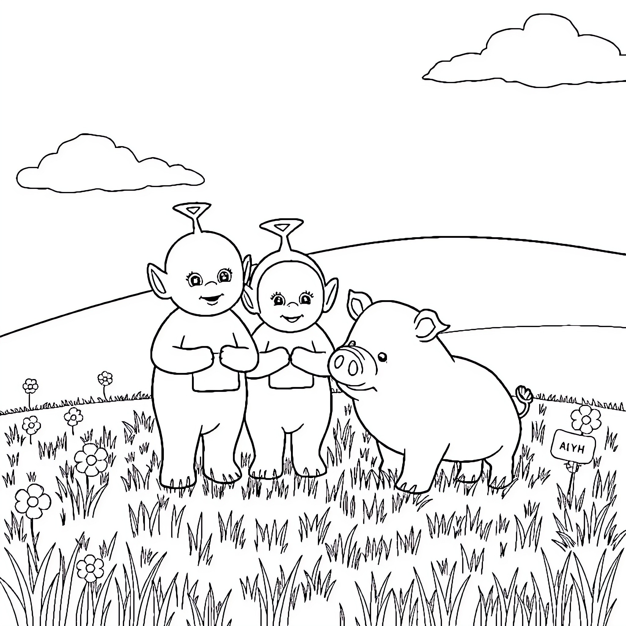 Teletubbies having fun in a pastoral scene Coloring Page (free black-and-white line drawing printable PDF for all, from beginners to advanced learners, including children, teens, adults, and seniors)