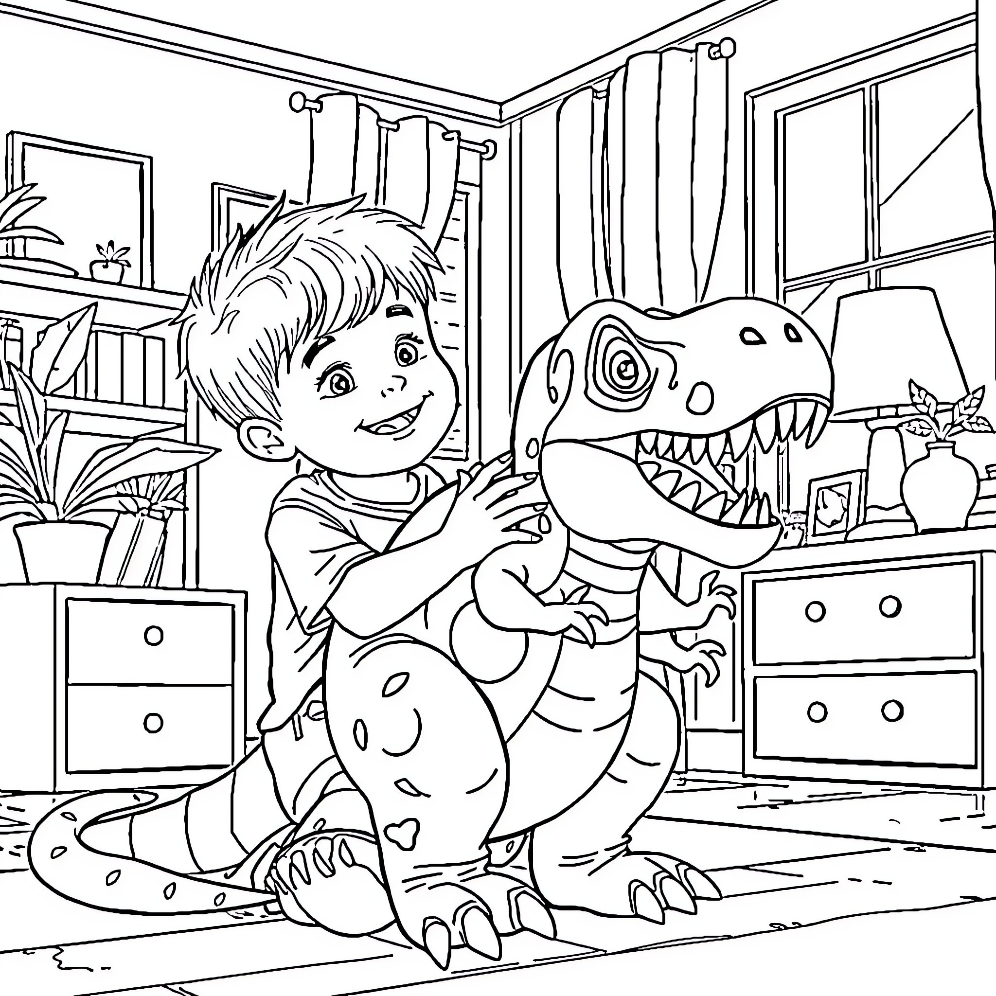 Boy plays happily with toy dinosaur in his bedroom Coloring Page (free black-and-white line drawing printable PDF for all, from beginners to advanced learners, including children, teens, adults, and seniors)