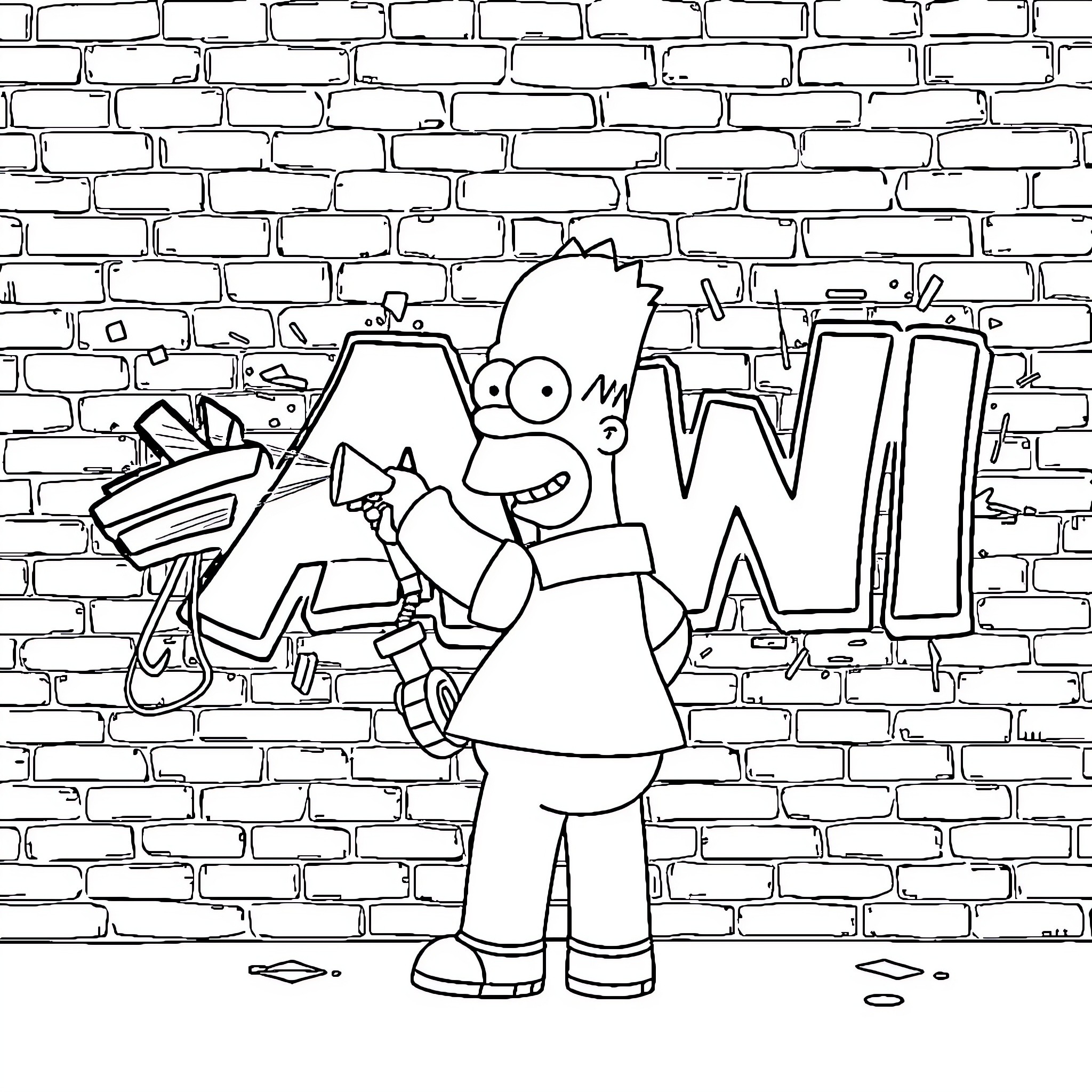Homer Simpson spraying graffiti on a brick wall Coloring Page (free black-and-white line drawing printable PDF for all, from beginners to advanced learners, including children, teens, adults, and seniors)