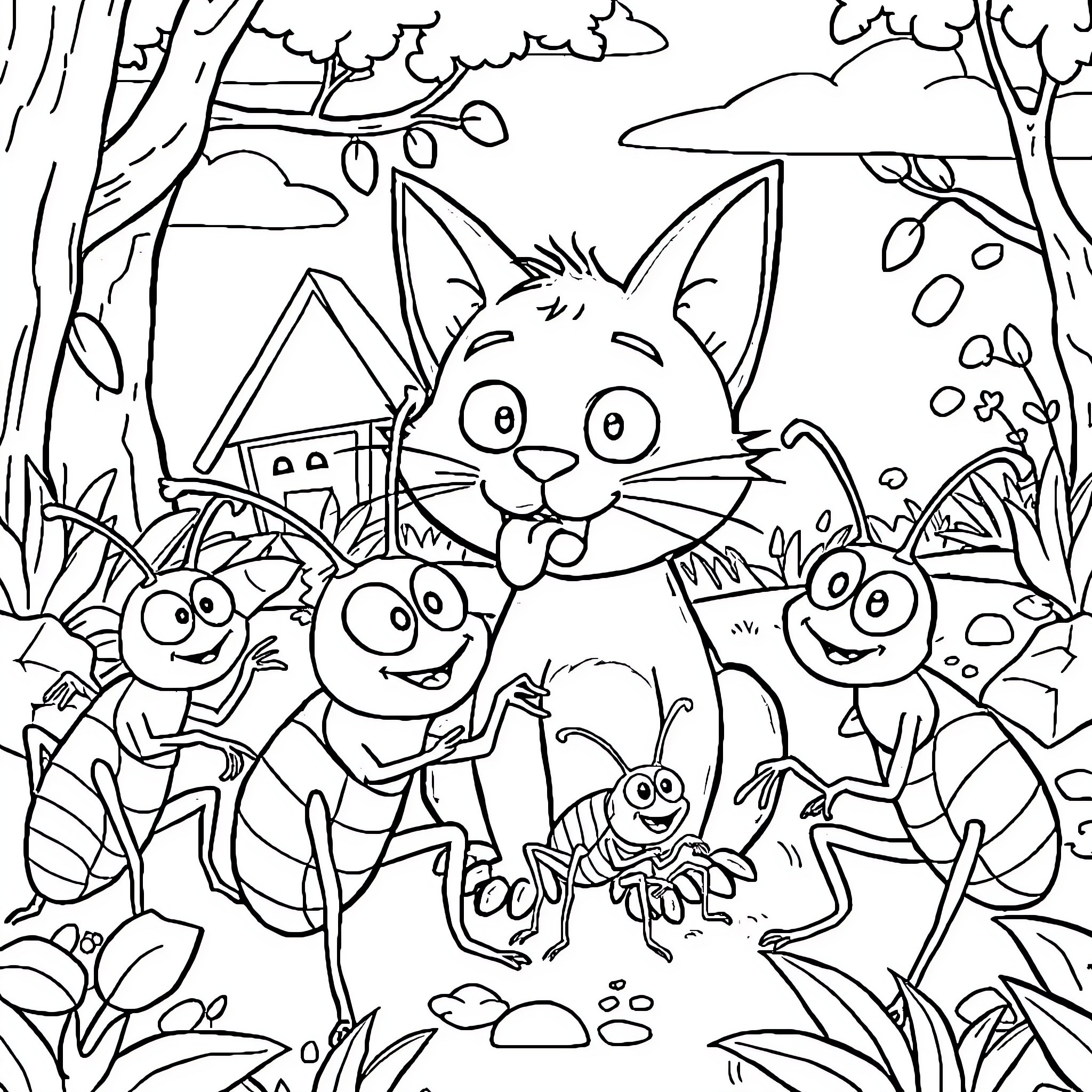 Oggy and the Cockroaches in the Enchanted Forest Coloring Page (free black-and-white line drawing printable PDF for all, from beginners to advanced learners, including children, teens, adults, and seniors)