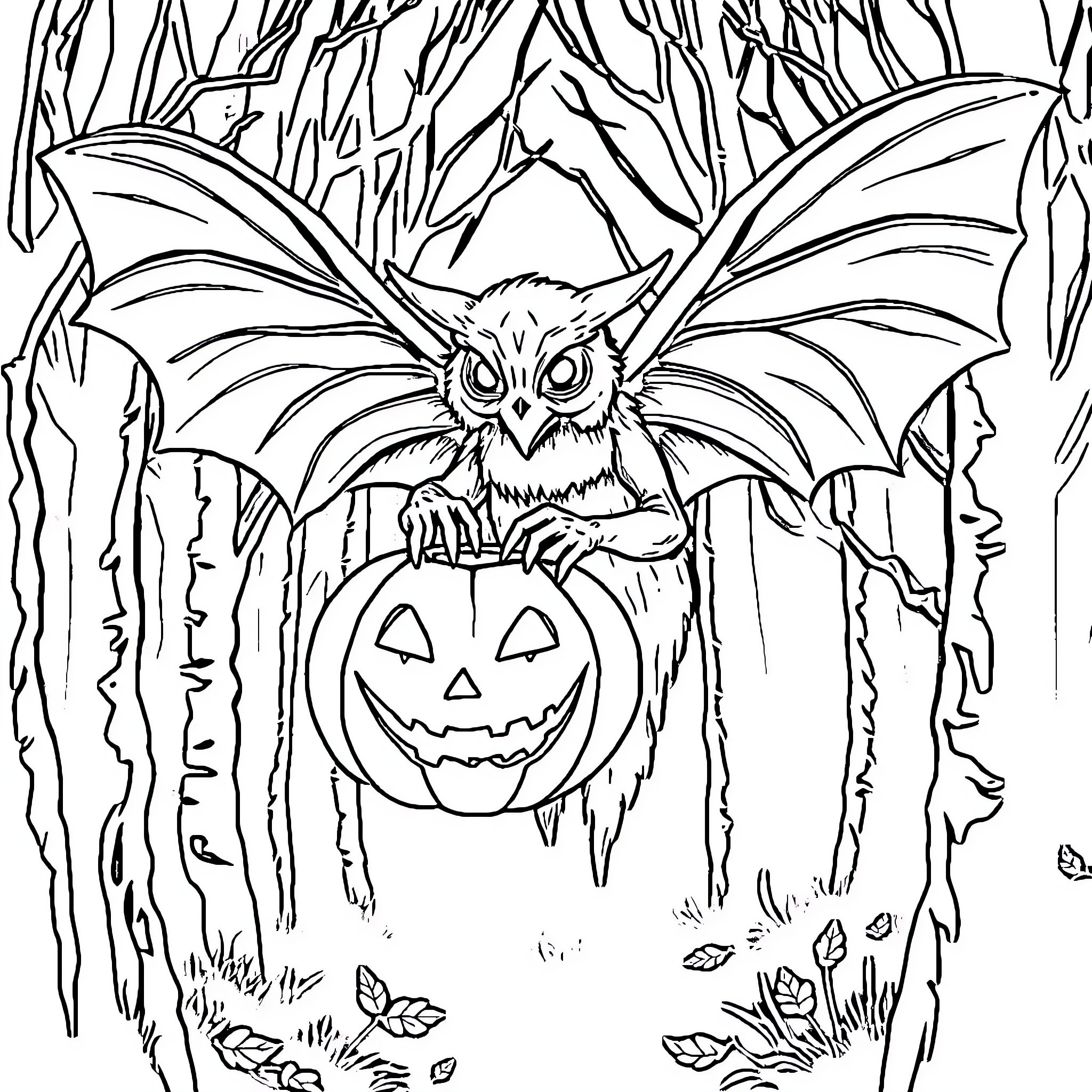 Mothman perched on a Halloween pumpkin in the forest Coloring Page (free black-and-white line drawing printable PDF for all, from beginners to advanced learners, including children, teens, adults, and seniors)