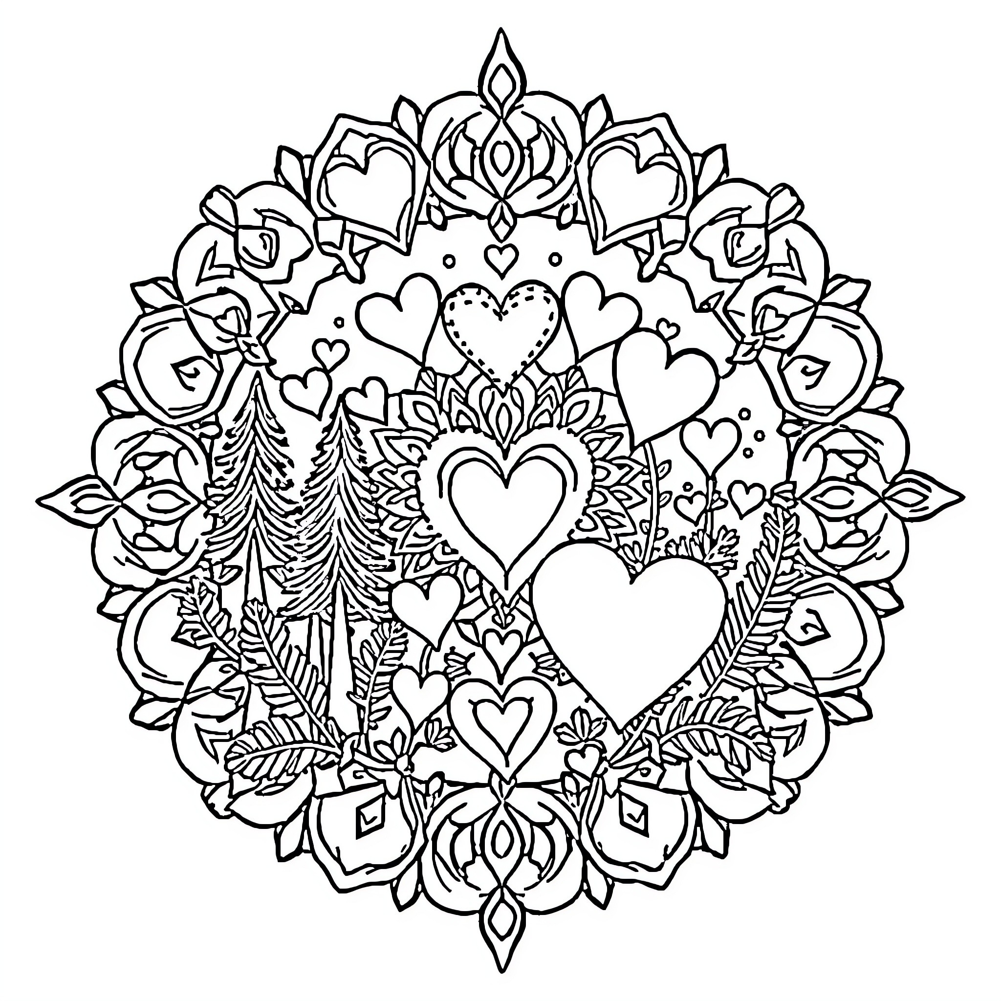 Mandala of hearts and nature elements Coloring Page (free black-and-white line drawing printable PDF for all, from beginners to advanced learners, including children, teens, adults, and seniors)