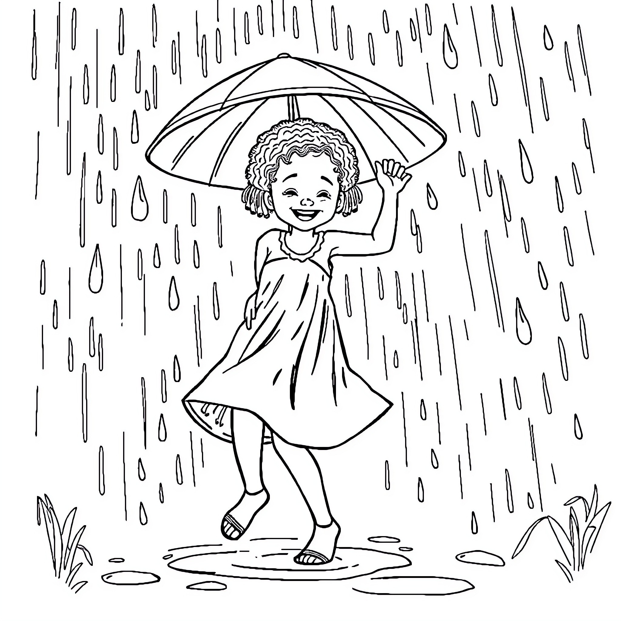 Girl playing joyfully in the rain with umbrella Coloring Page (free black-and-white line drawing printable PDF for all, from beginners to advanced learners, including children, teens, adults, and seniors)