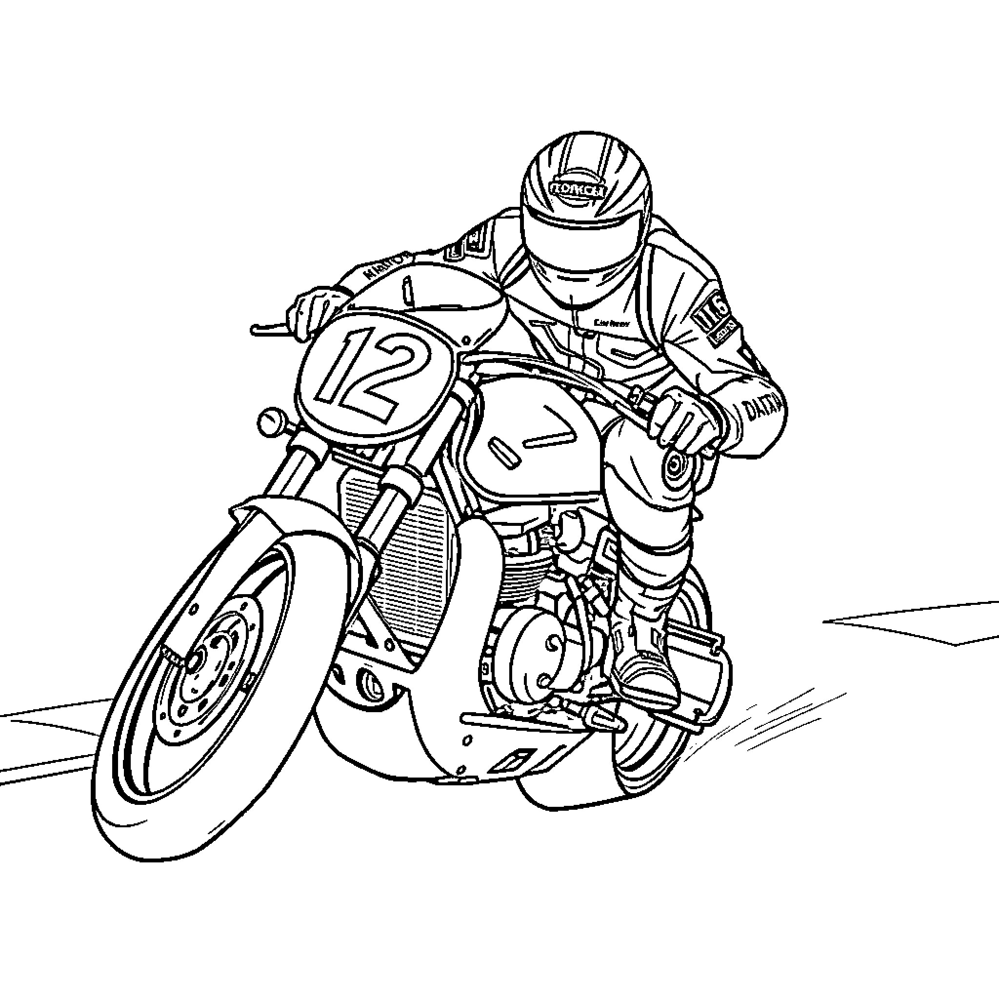 Motorcycle racer speeding on the track Coloring Page (free black-and-white line drawing printable PDF for all, from beginners to advanced learners, including children, teens, adults, and seniors)