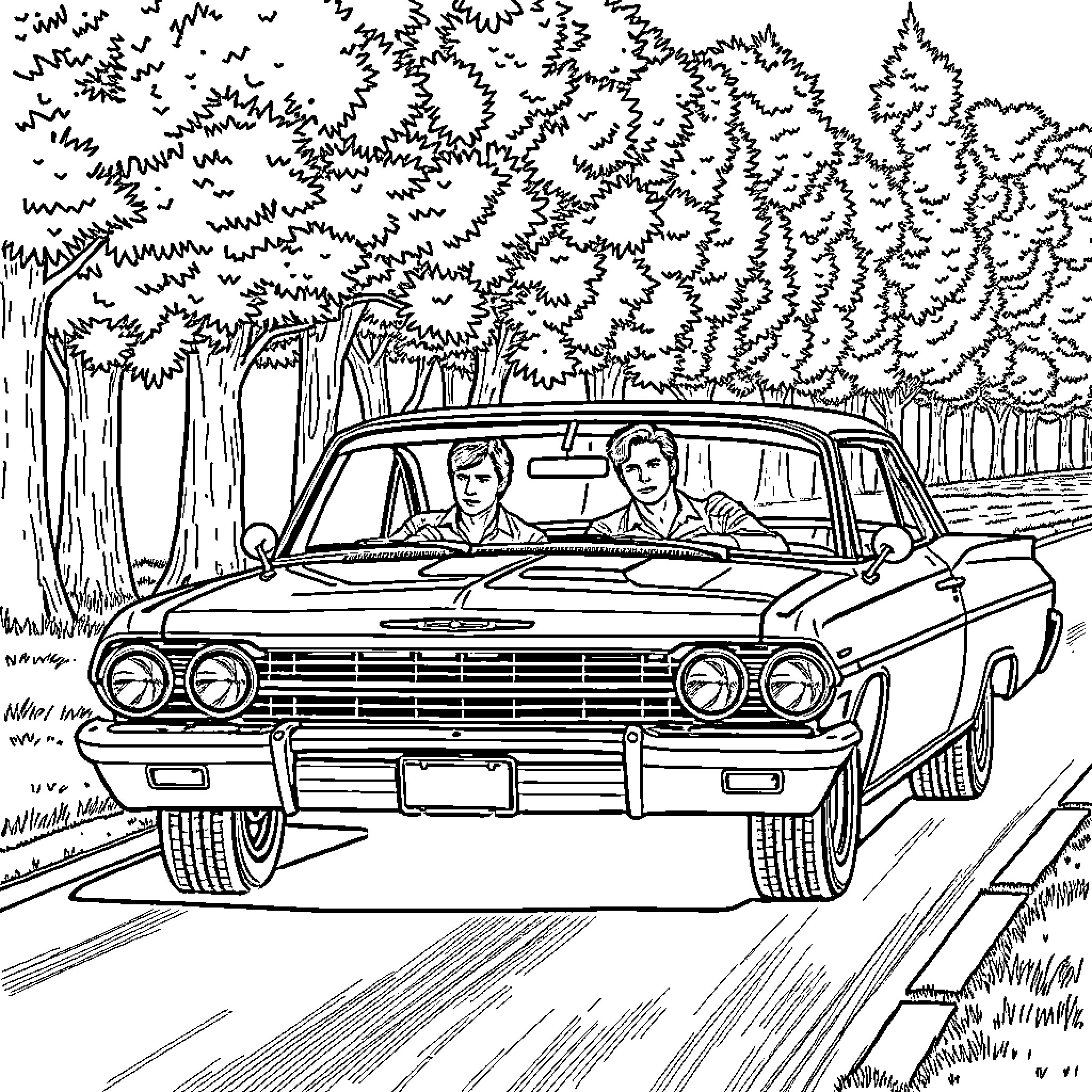 Sam and Dean take a drive through the woods Coloring Page (free black-and-white line drawing printable PDF for all, from beginners to advanced learners, including children, teens, adults, and seniors)