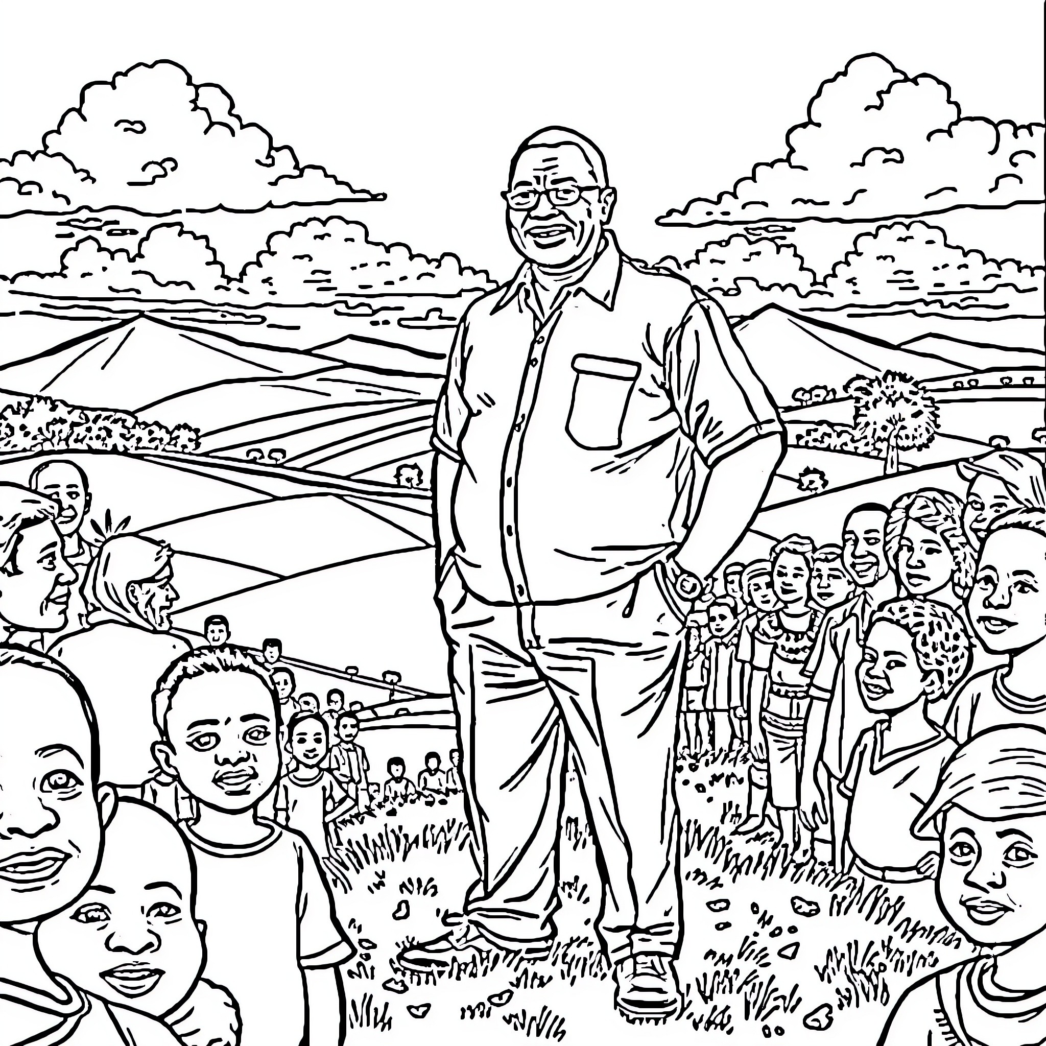 Benjamin Mkapa with people in a rural setting Coloring Page (free black-and-white line drawing printable PDF for all, from beginners to advanced learners, including children, teens, adults, and seniors)