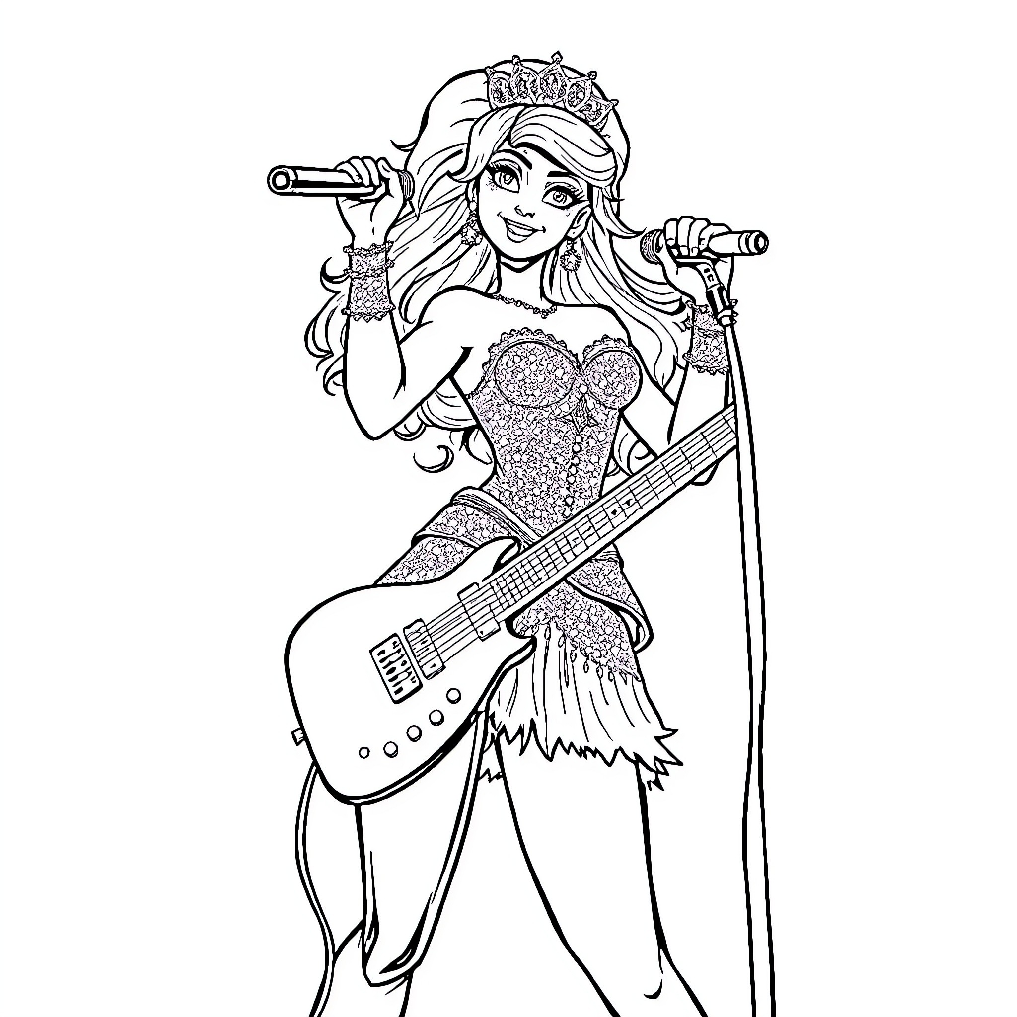 Princess Performing on Stage with Guitar Coloring Page (free black-and-white line drawing printable PDF for all, from beginners to advanced learners, including children, teens, adults, and seniors)