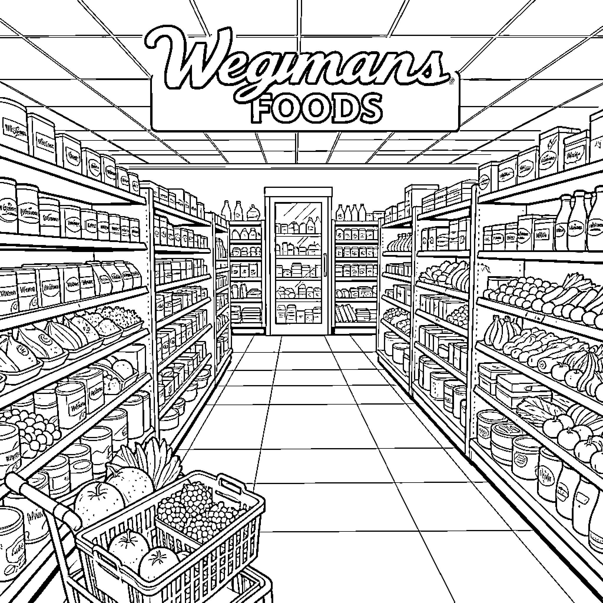 Wegmans Foods supermarket aisle filled with various grocery items Coloring Page (free black-and-white line drawing printable PDF for all, from beginners to advanced learners, including children, teens, adults, and seniors)