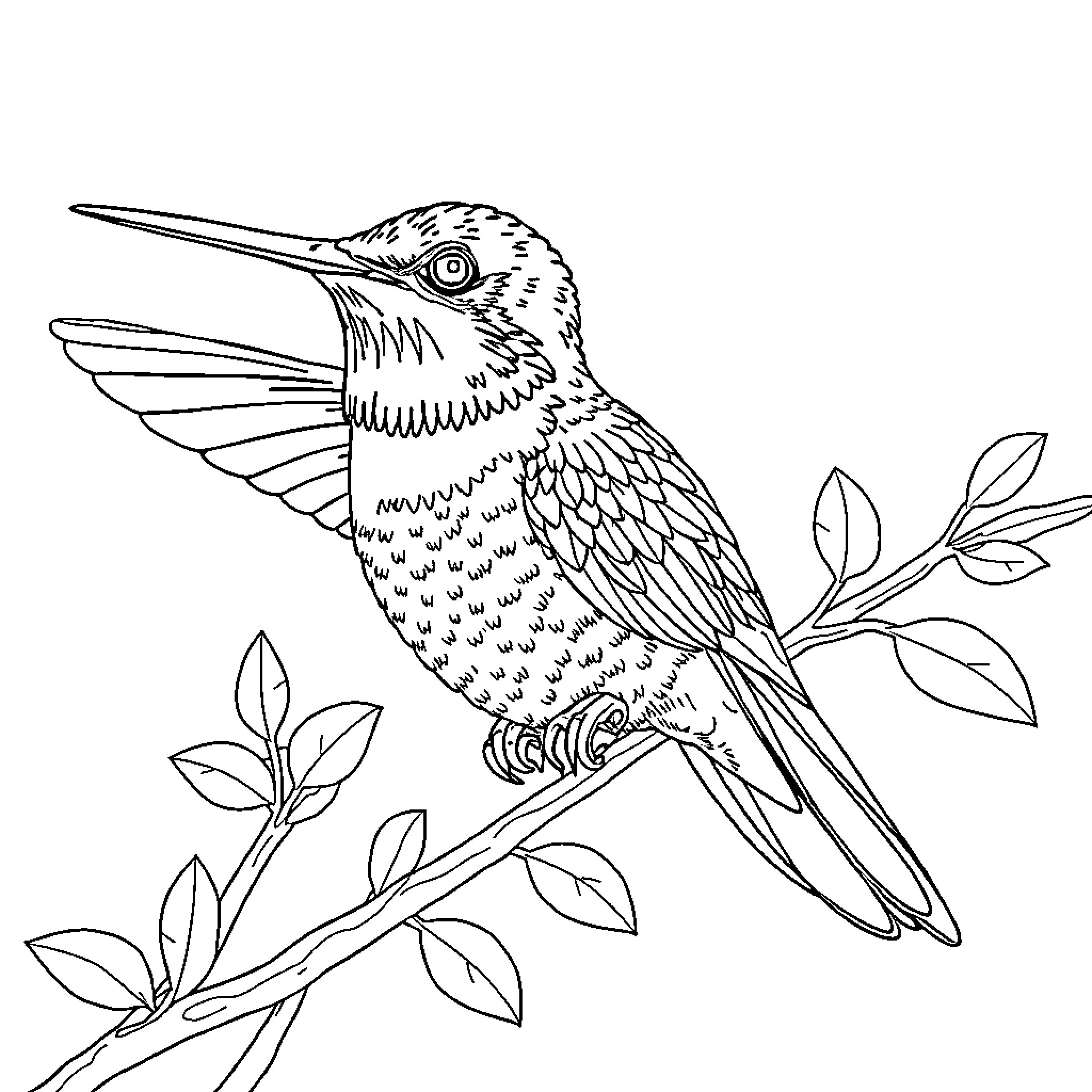 Hummingbird perched on a leafy branch Coloring Page (free black-and-white line drawing printable PDF for all, from beginners to advanced learners, including children, teens, adults, and seniors)