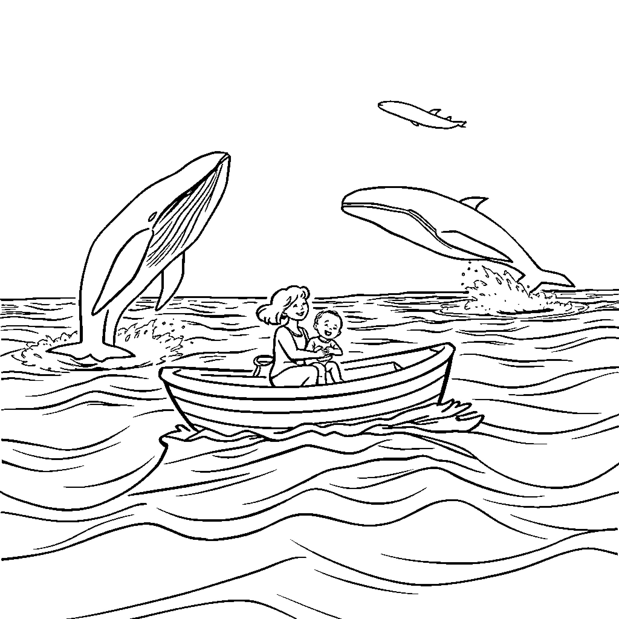 Couple boating amid whales and airplanes in the sea Coloring Page (free black-and-white line drawing printable PDF for all, from beginners to advanced learners, including children, teens, adults, and seniors)