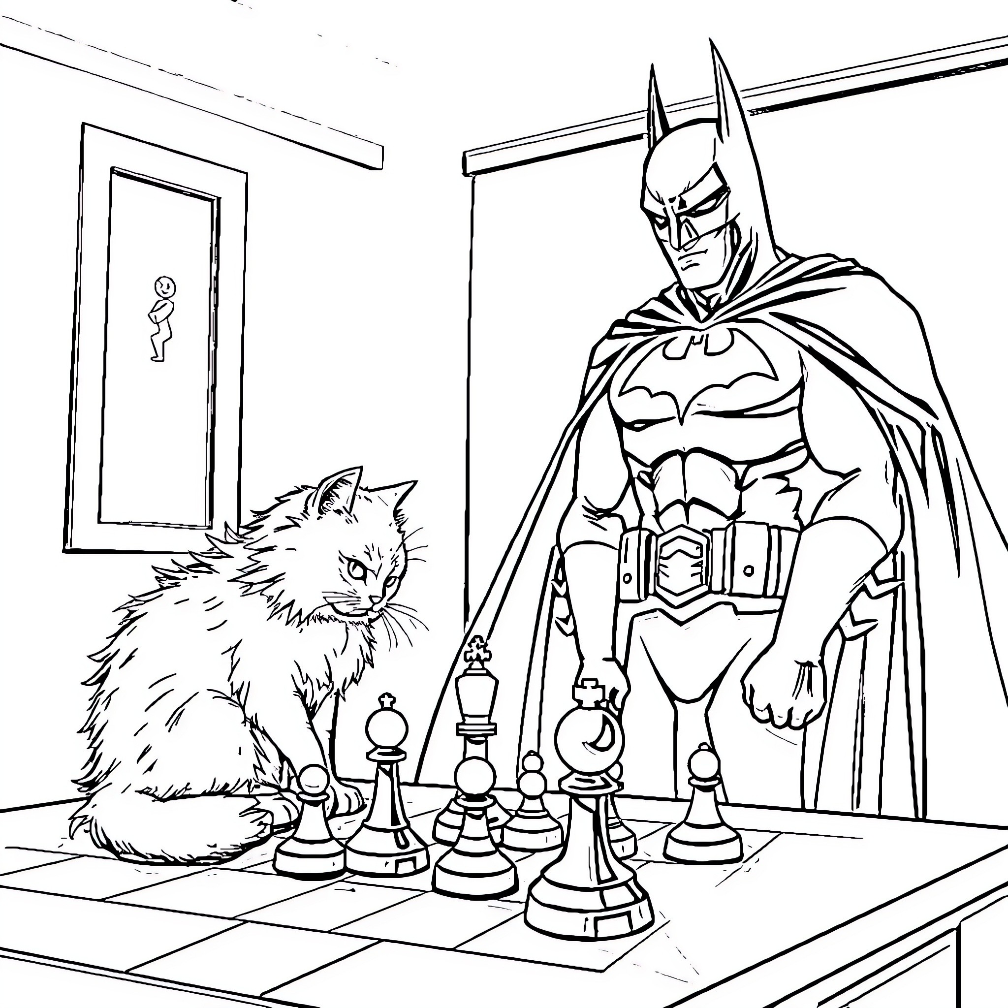 Cat and Superhero Playing Chess in the Room Coloring Page (free black-and-white line drawing printable PDF for all, from beginners to advanced learners, including children, teens, adults, and seniors)
