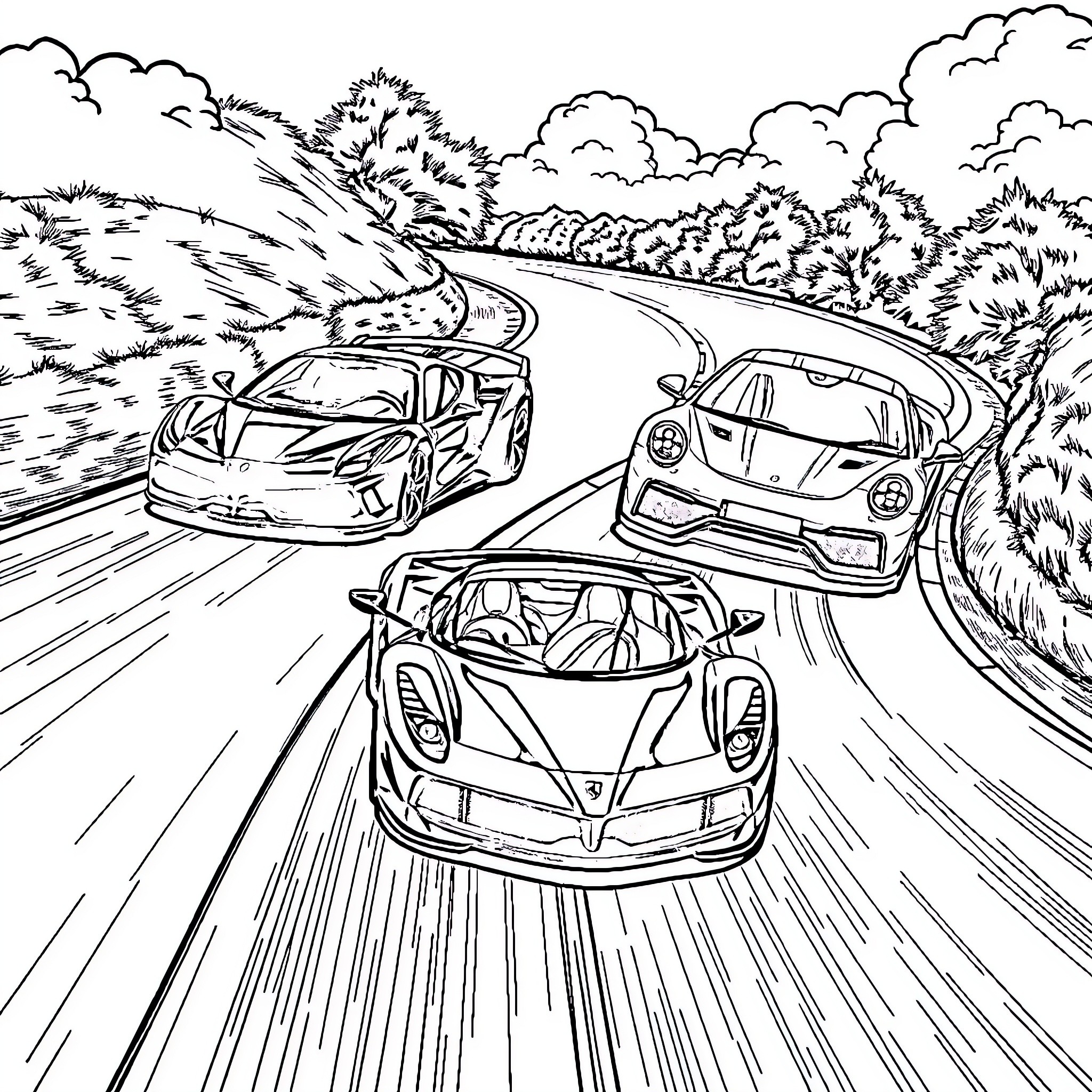 Ferrari sports cars racing on winding road Coloring Page (free black-and-white line drawing printable PDF for all, from beginners to advanced learners, including children, teens, adults, and seniors)