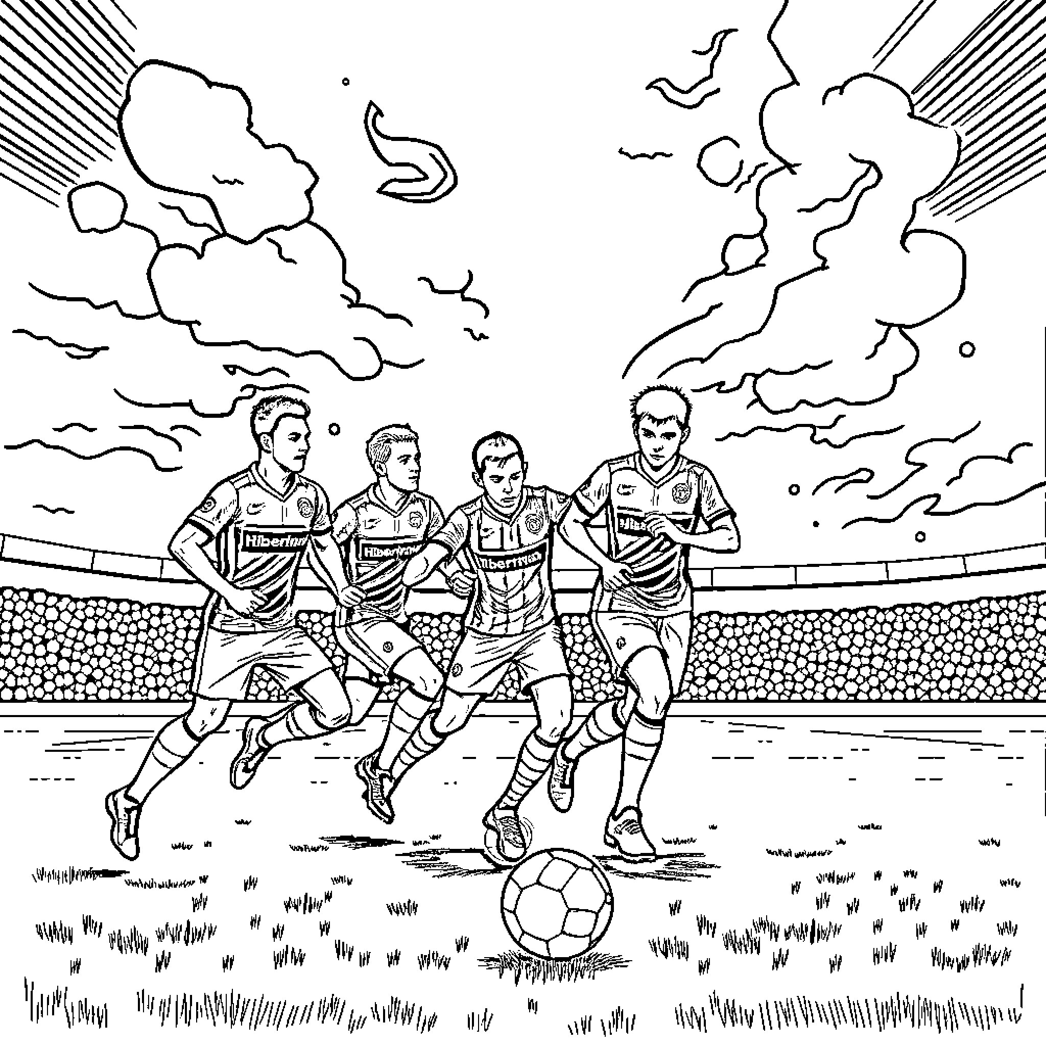 Hibernian soccer players in action on the field Coloring Page (free black-and-white line drawing printable PDF for all, from beginners to advanced learners, including children, teens, adults, and seniors)
