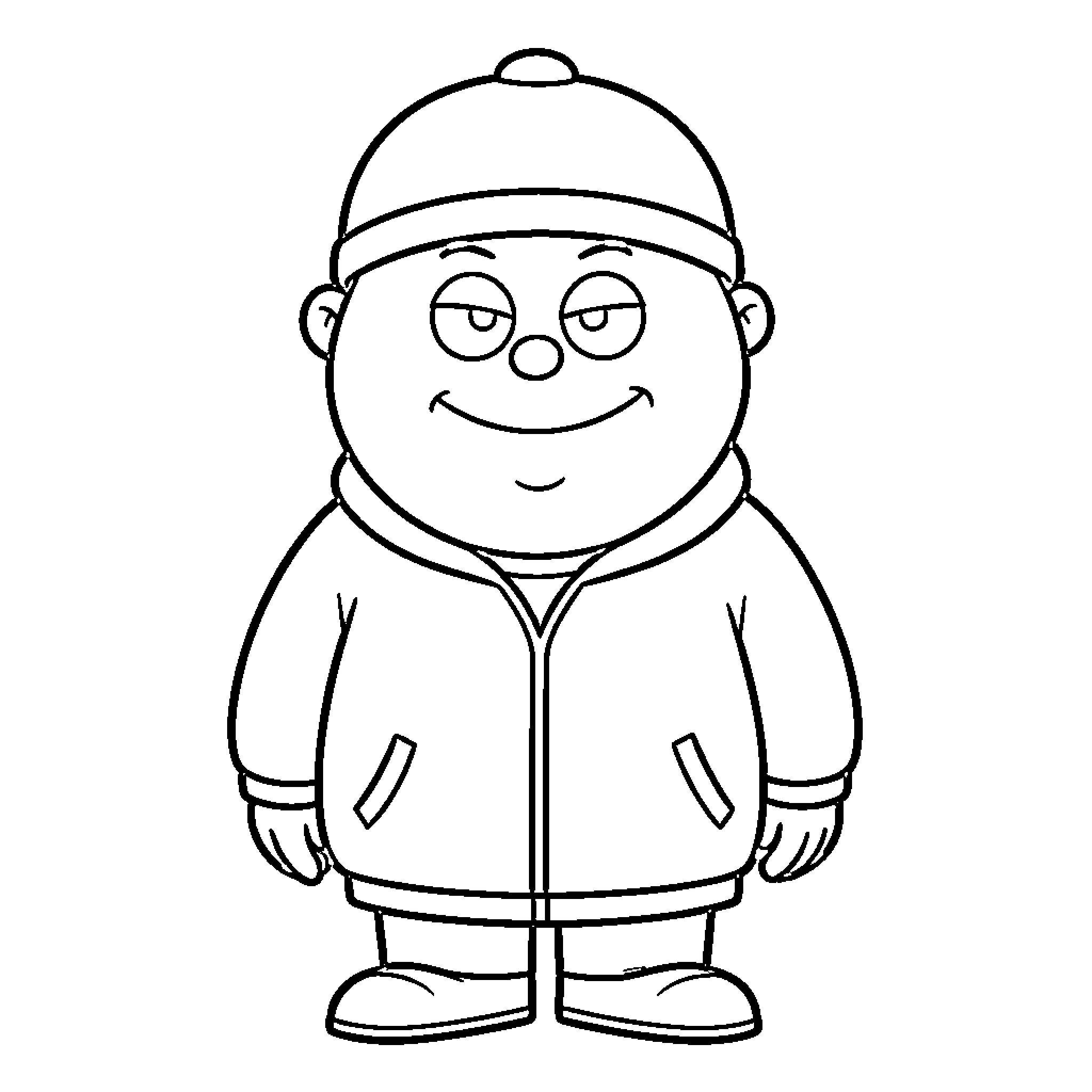 Eric Cartman wearing a winter hat and jacket Coloring Page (free black-and-white line drawing printable PDF for all, from beginners to advanced learners, including children, teens, adults, and seniors)