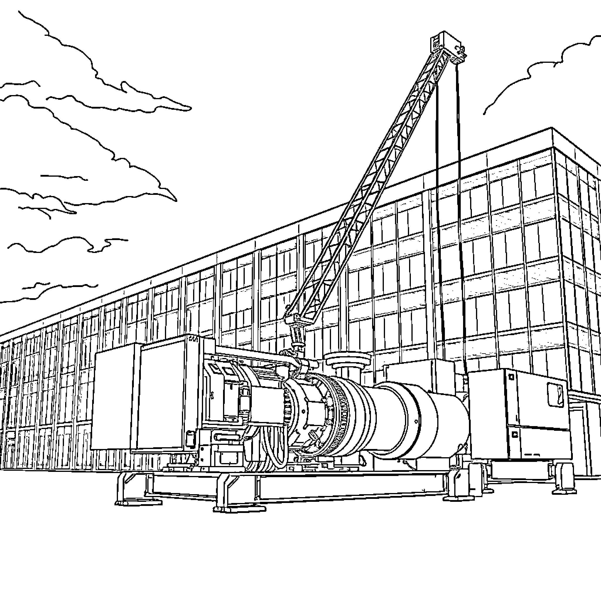 Crane lifting heavy equipment at construction site Coloring Page (free black-and-white line drawing printable PDF for all, from beginners to advanced learners, including children, teens, adults, and seniors)