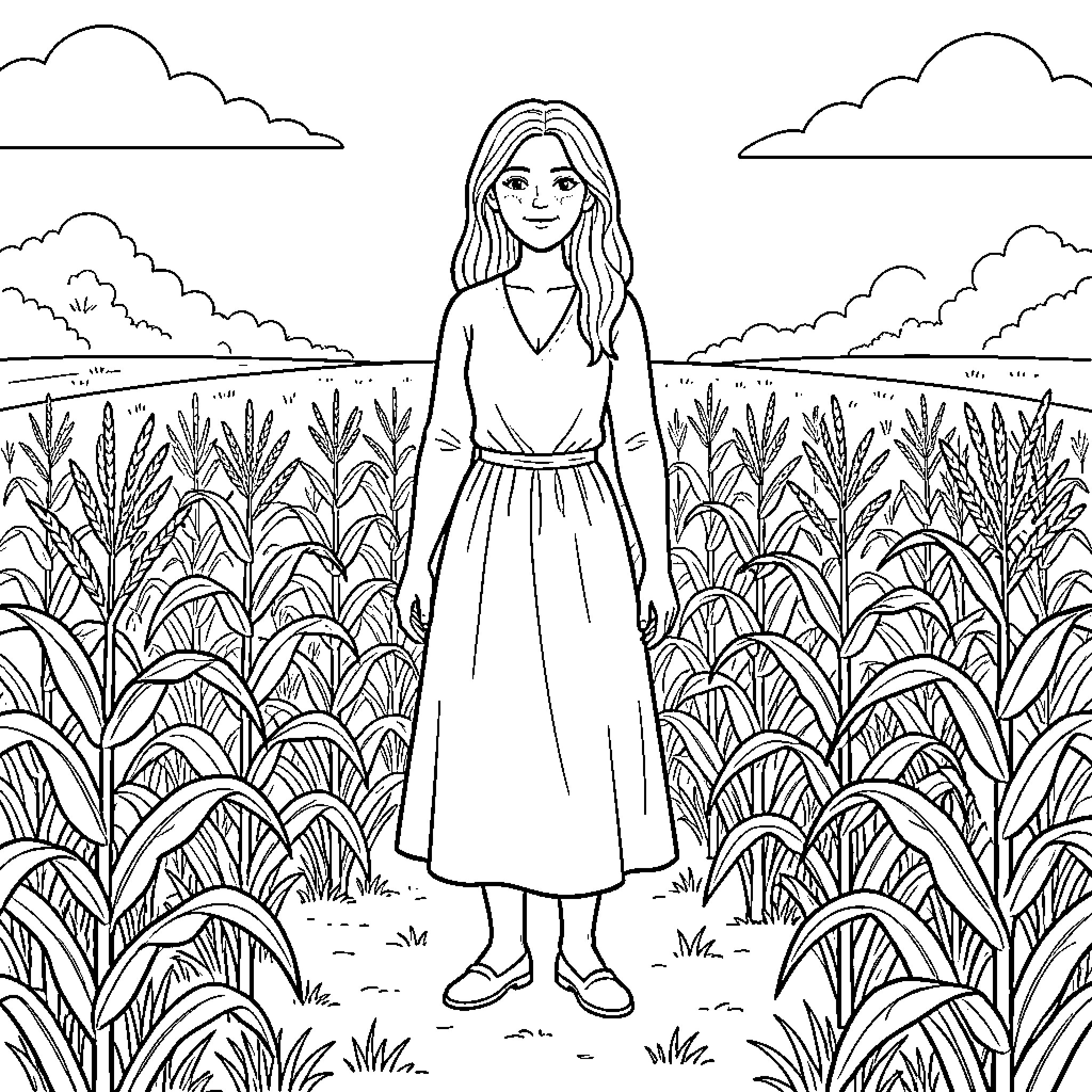 Farmer standing peacefully in a lush corn field Coloring Page (free black-and-white line drawing printable PDF for all, from beginners to advanced learners, including children, teens, adults, and seniors)