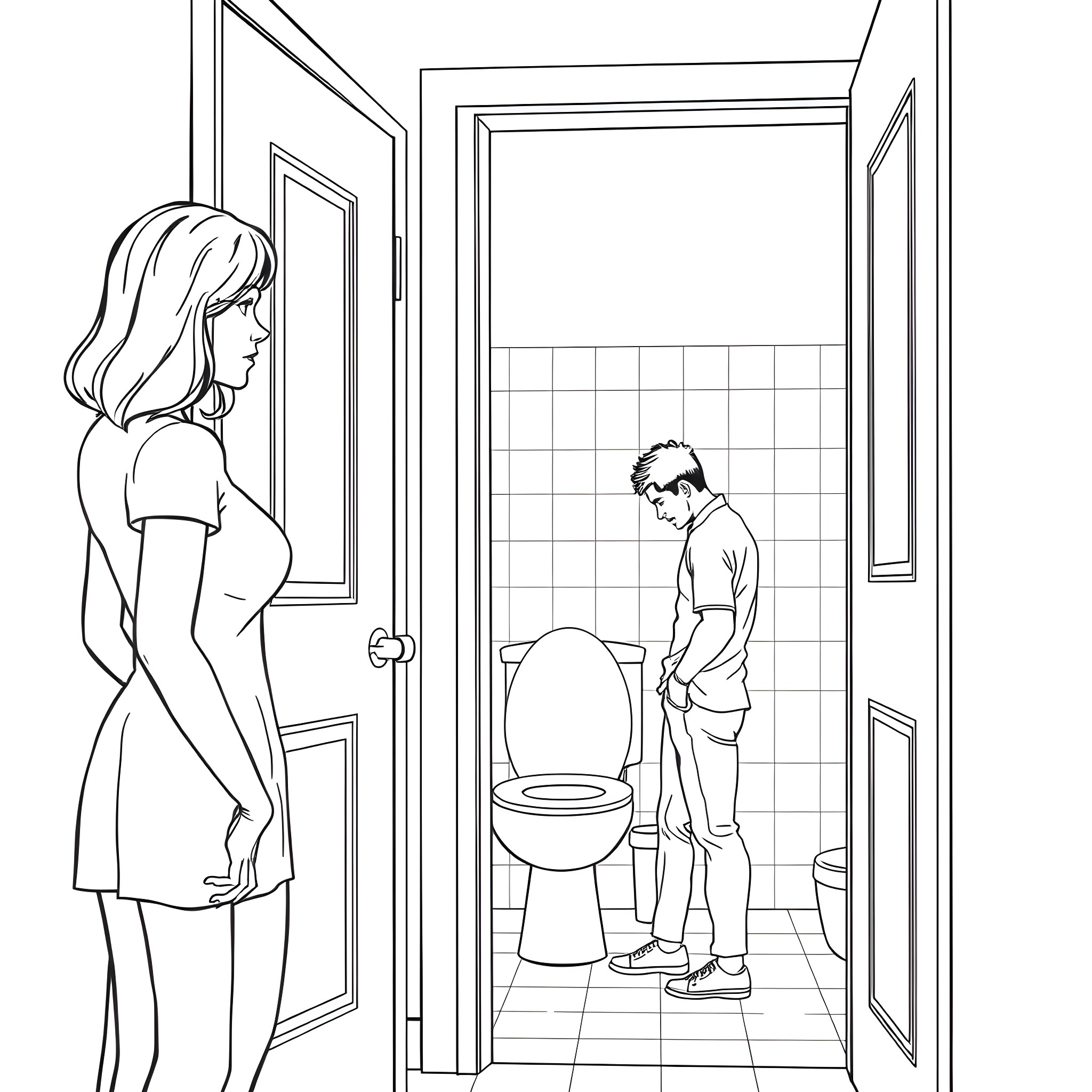 Woman confronting man in bathroom Coloring Page (free black-and-white line drawing printable PDF for all, from beginners to advanced learners, including children, teens, adults, and seniors)
