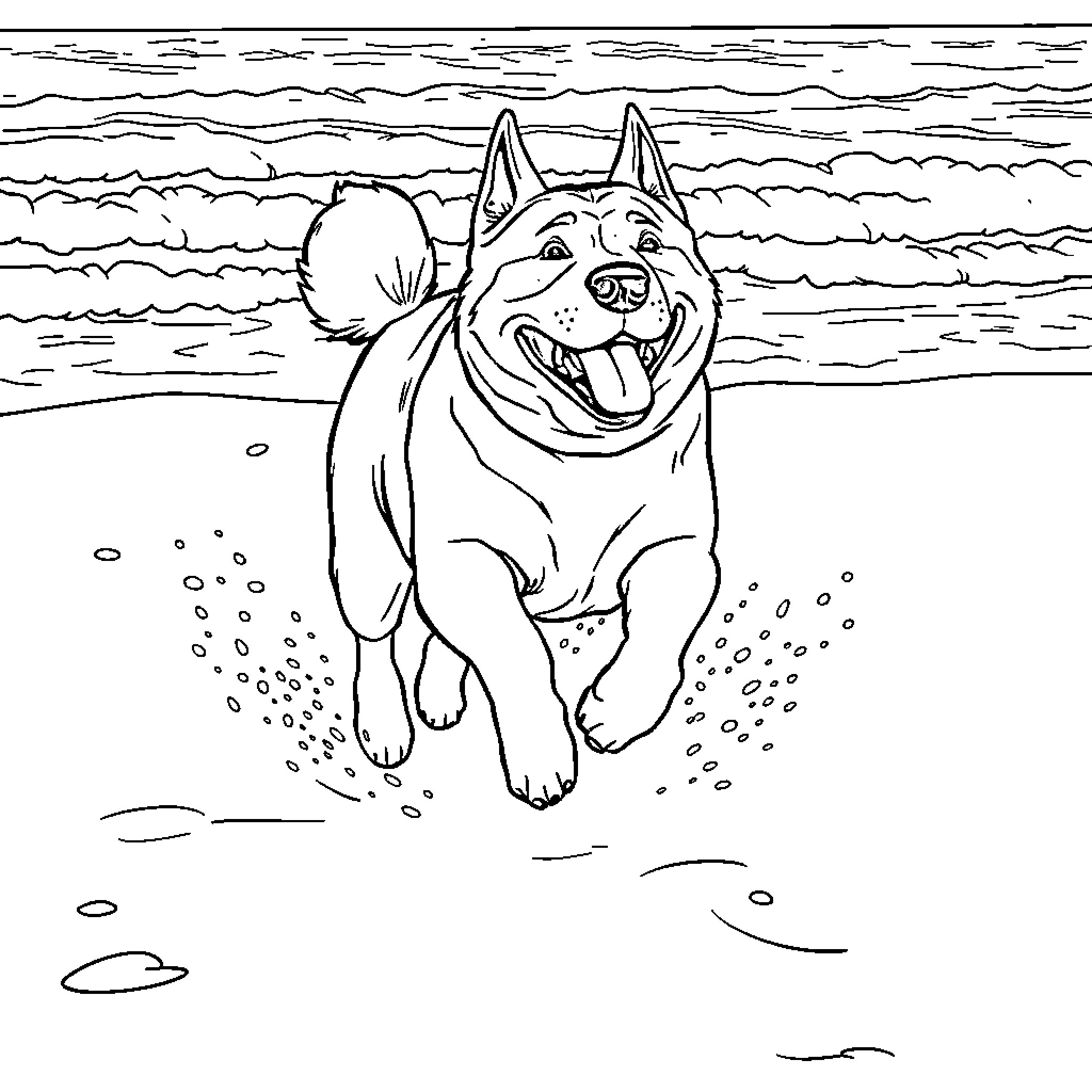 Sharpei running happily on the beach Coloring Page (free black-and-white line drawing printable PDF for all, from beginners to advanced learners, including children, teens, adults, and seniors)